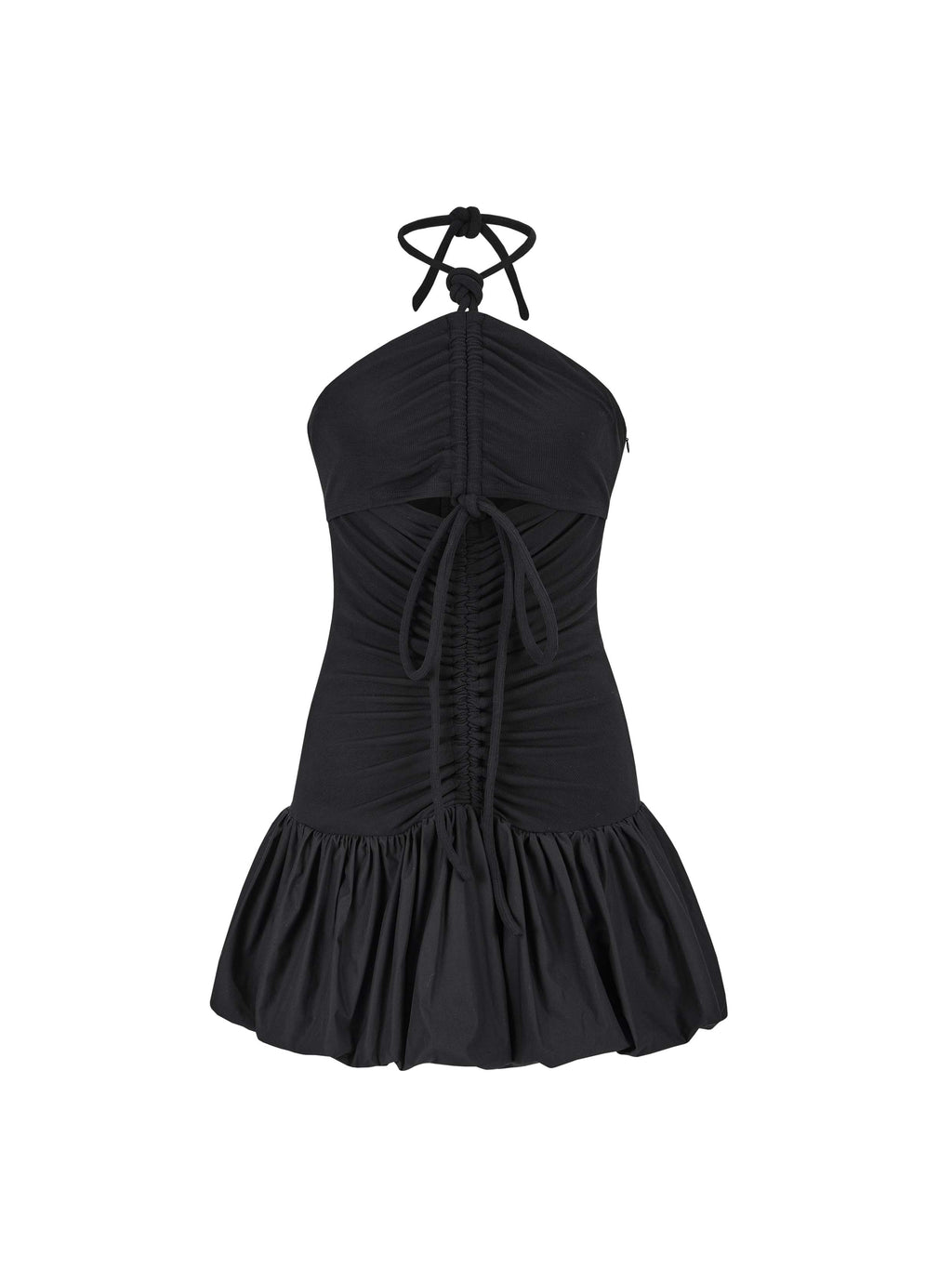 Ruched Halter Bubble Mini Dress Black