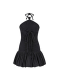 Ruched Halter Bubble Mini Dress Black