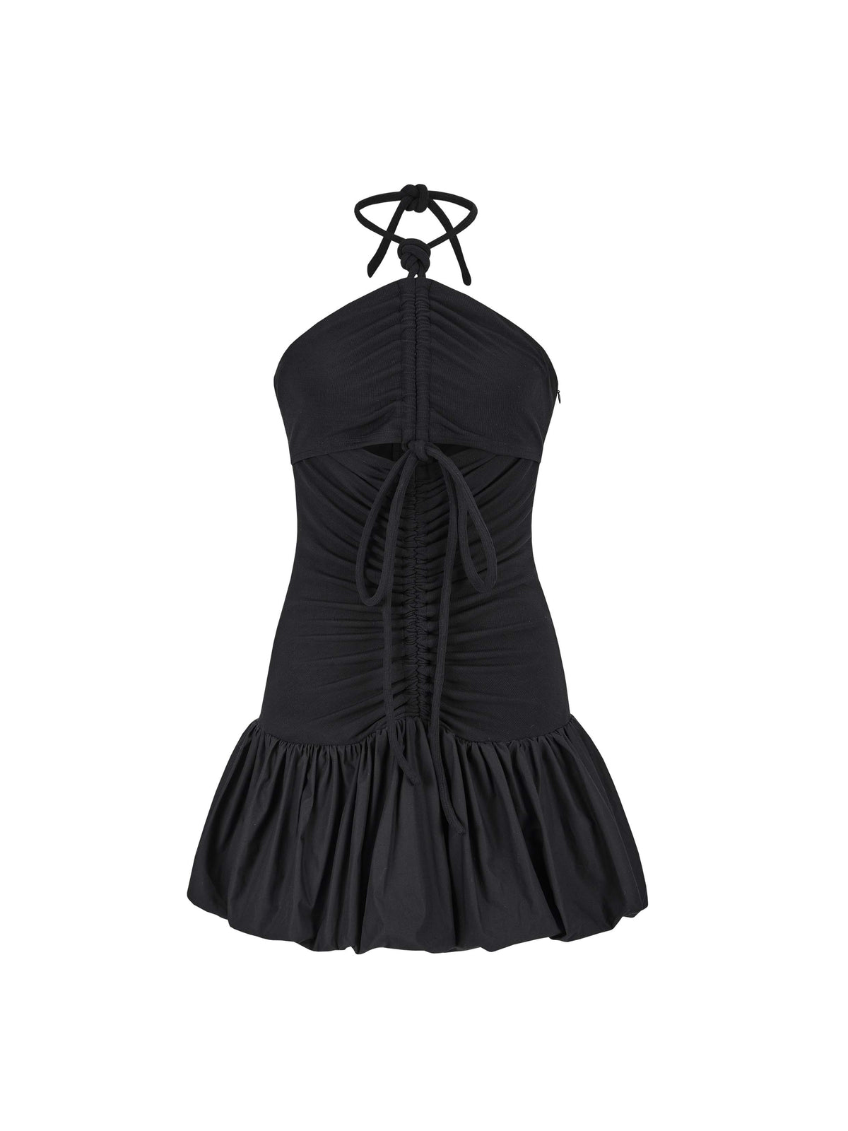 Ruched Halter Bubble Mini Dress Black