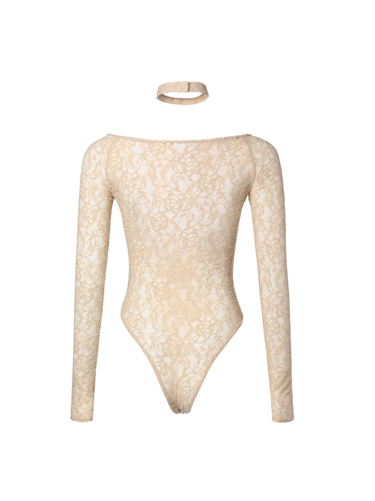 Off-Shoulder Lace Button Bodysuit Beige