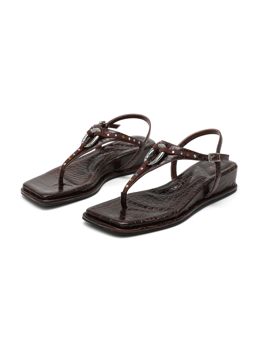 THEIA Crystal Ring Wedge Thong Sandals Brown
