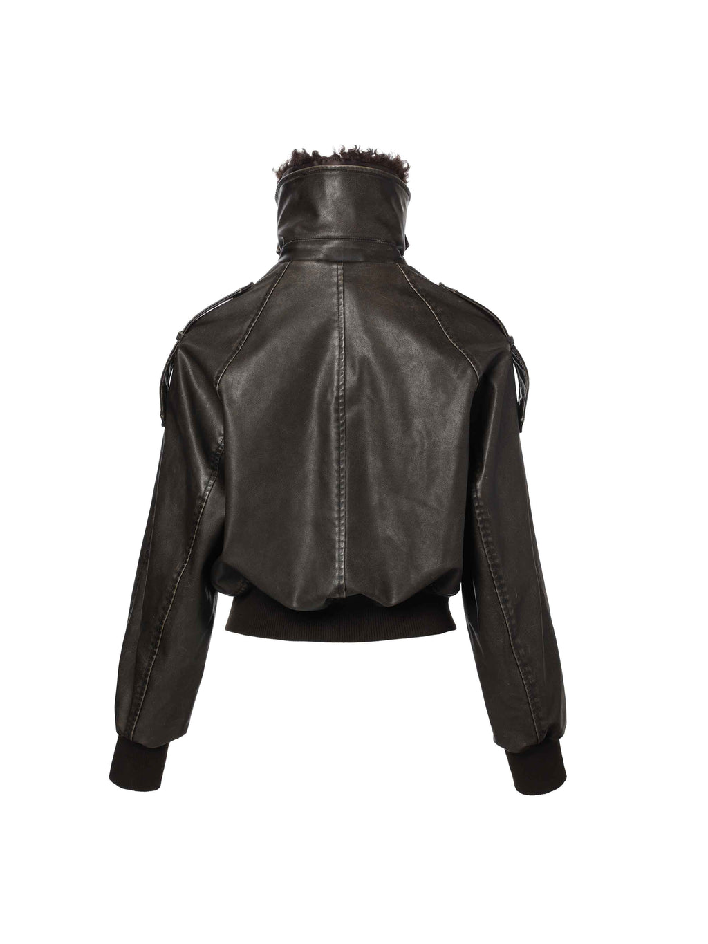 Detachable Fur-Collar Washed Moto Jacket Distressed Black