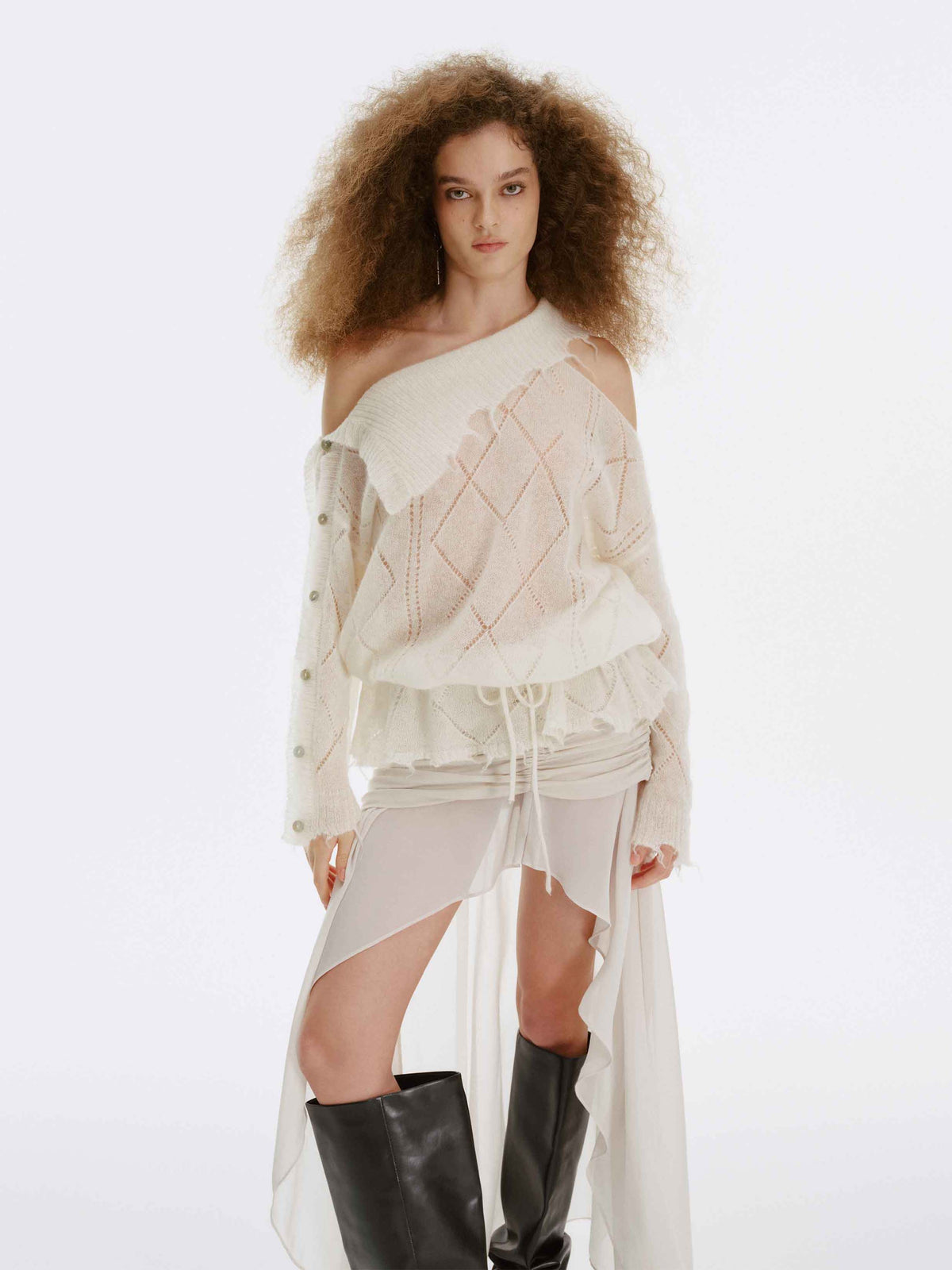 Asymmetric Off-Shoulder Mohair Knit Sweater Ivory White