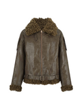 Faux Shearling Belted Biker Jacket Olive Brown