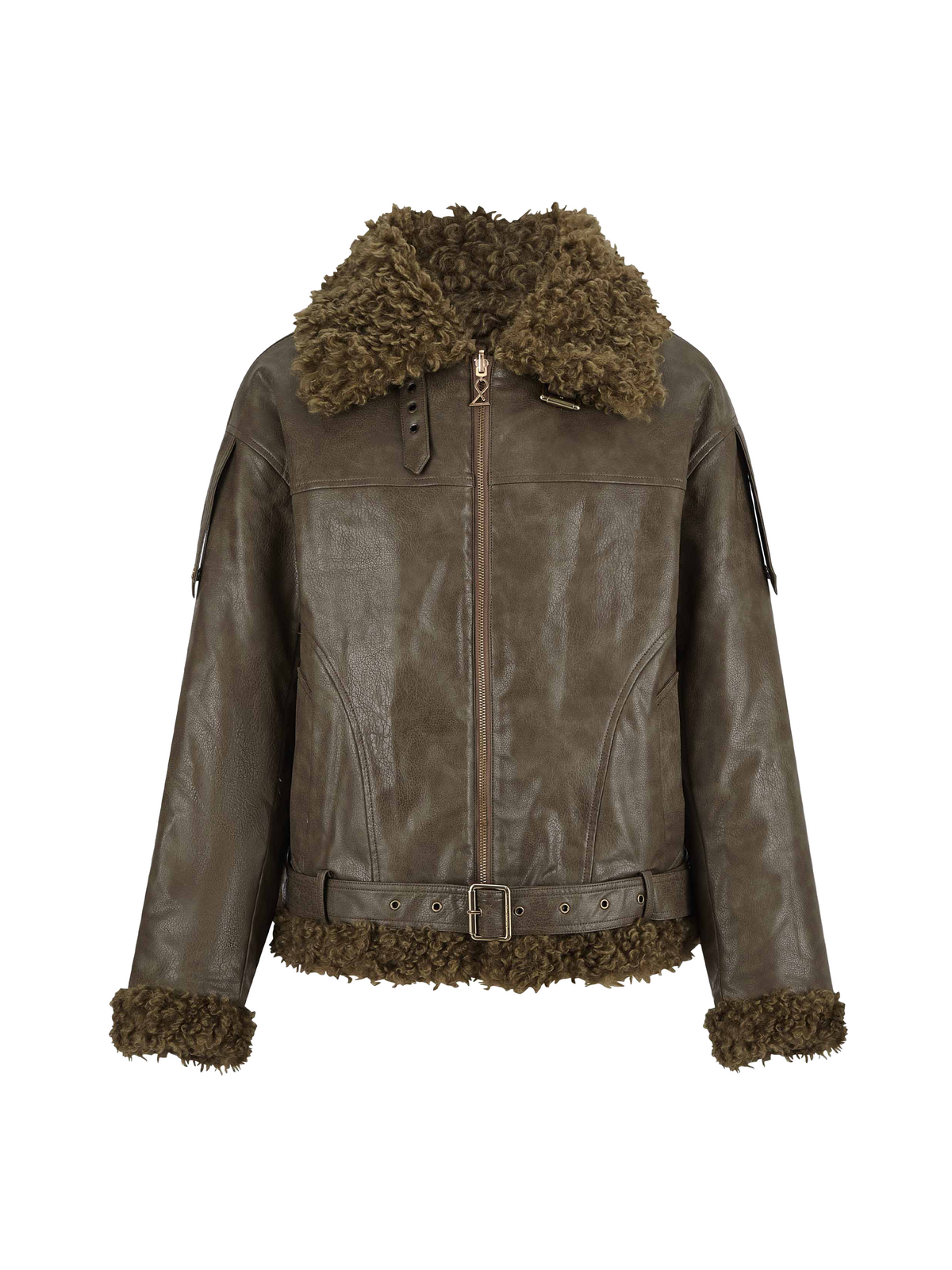 Faux Shearling Belted Biker Jacket Olive Brown