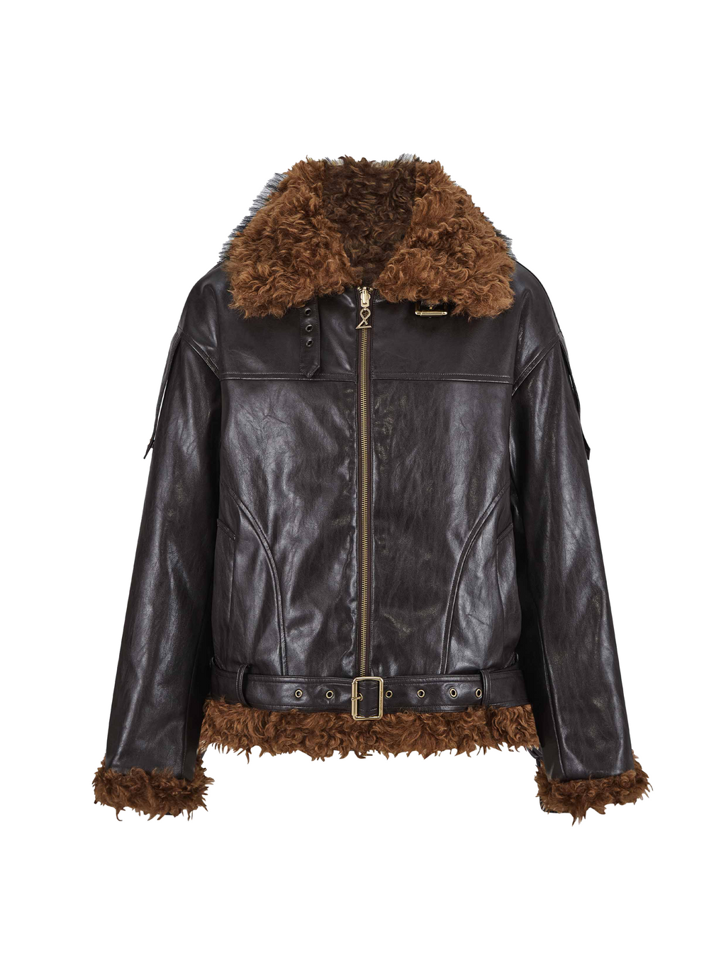 Faux Shearling Belted Biker Jacket Espresso Brown