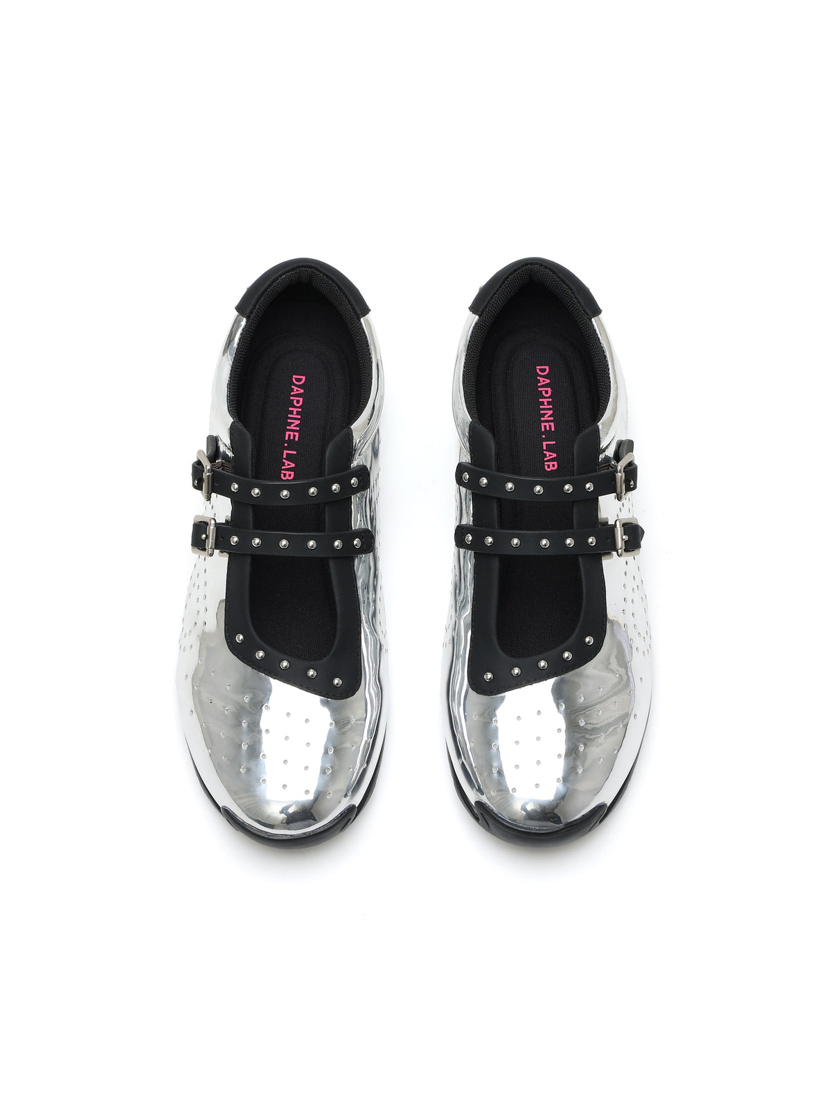 GALENE Double-Buckle Mary Jane Flats Metallic Silver