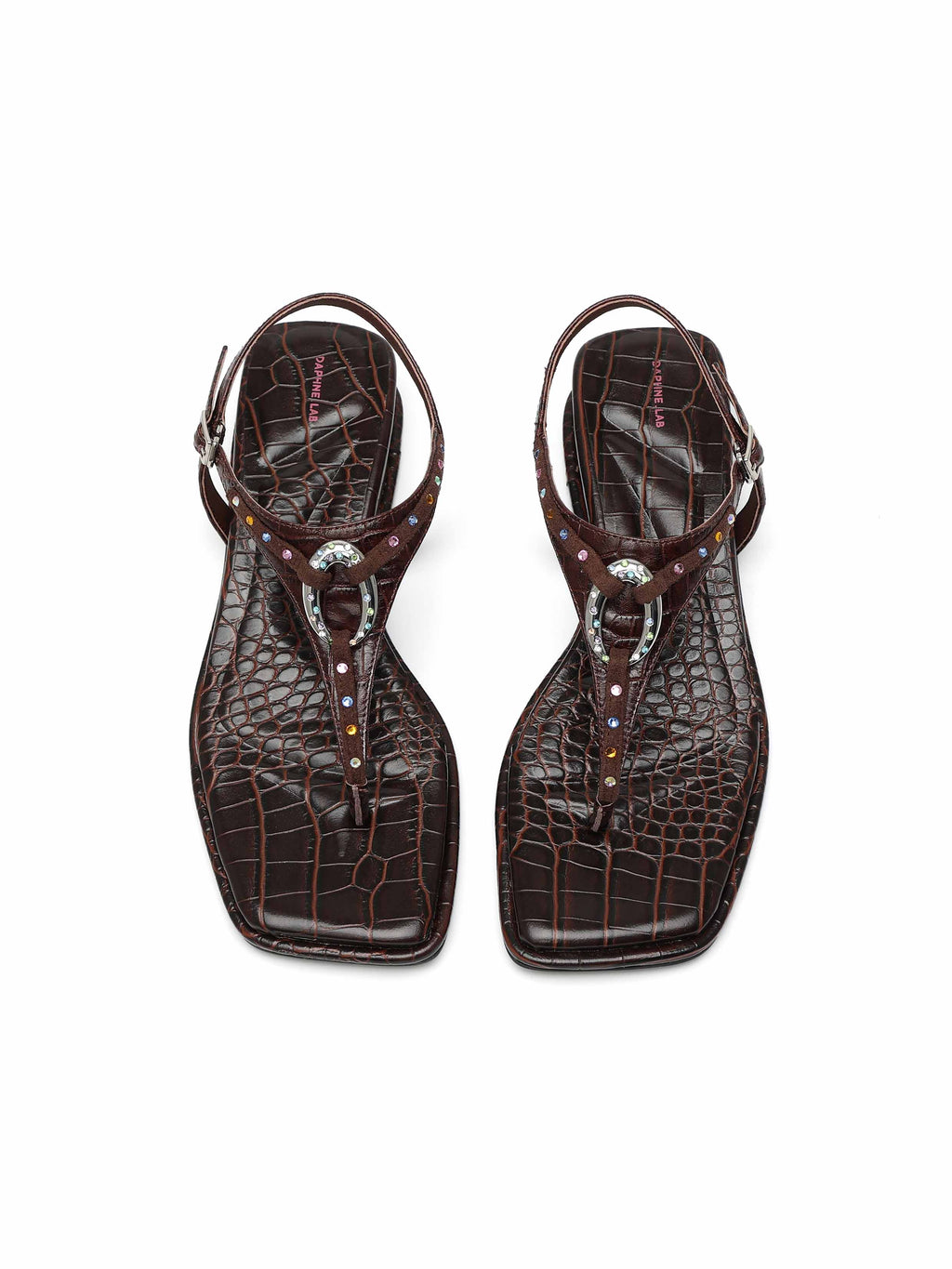 THEIA Crystal Ring Wedge Thong Sandals Brown