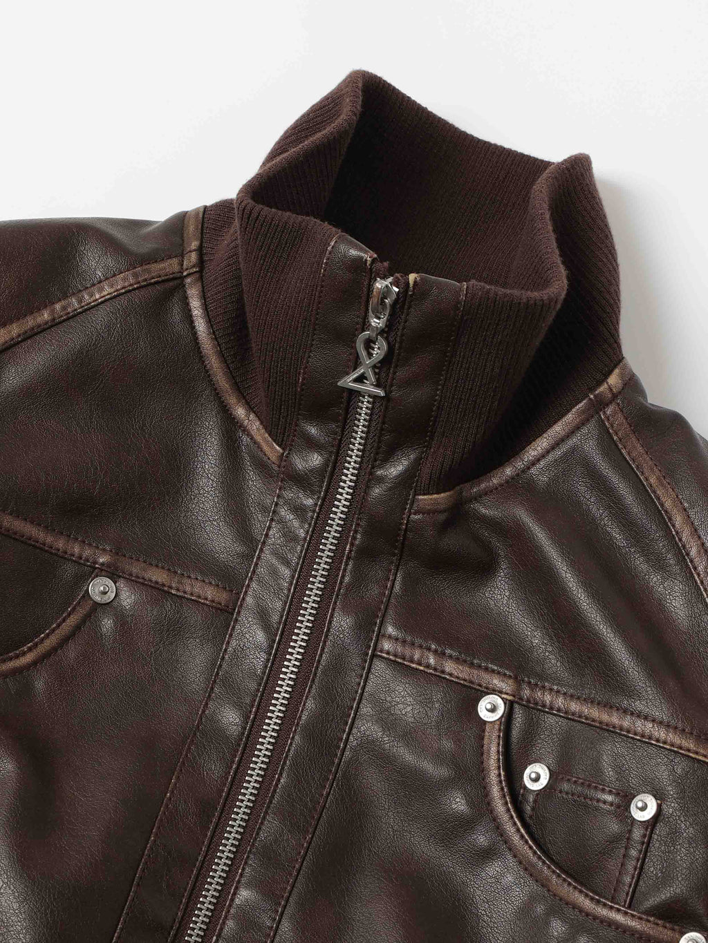 Vintage Washed Cropped Biker Jacket Dark Brown