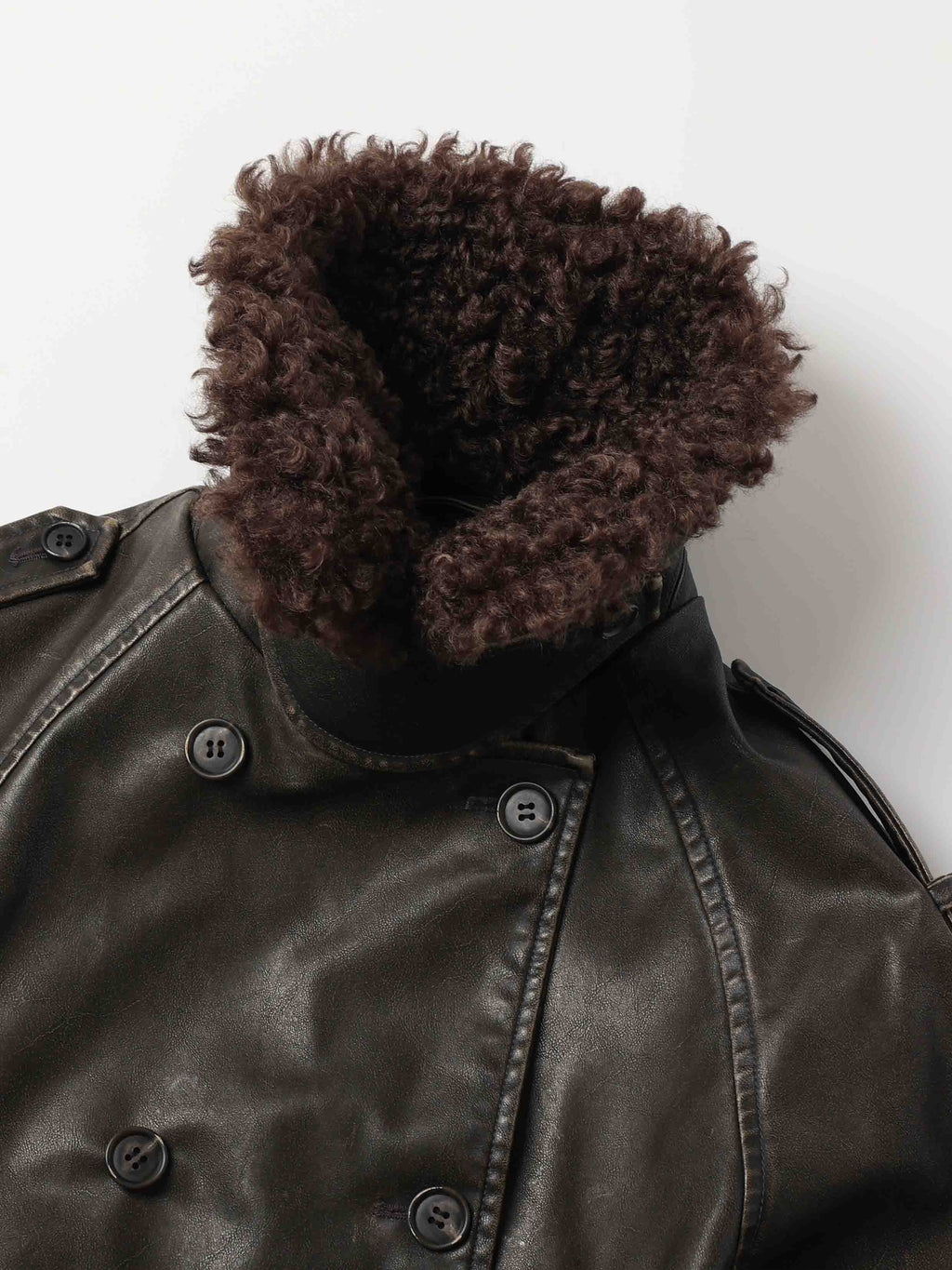 Detachable Fur-Collar Washed Moto Jacket Distressed Black