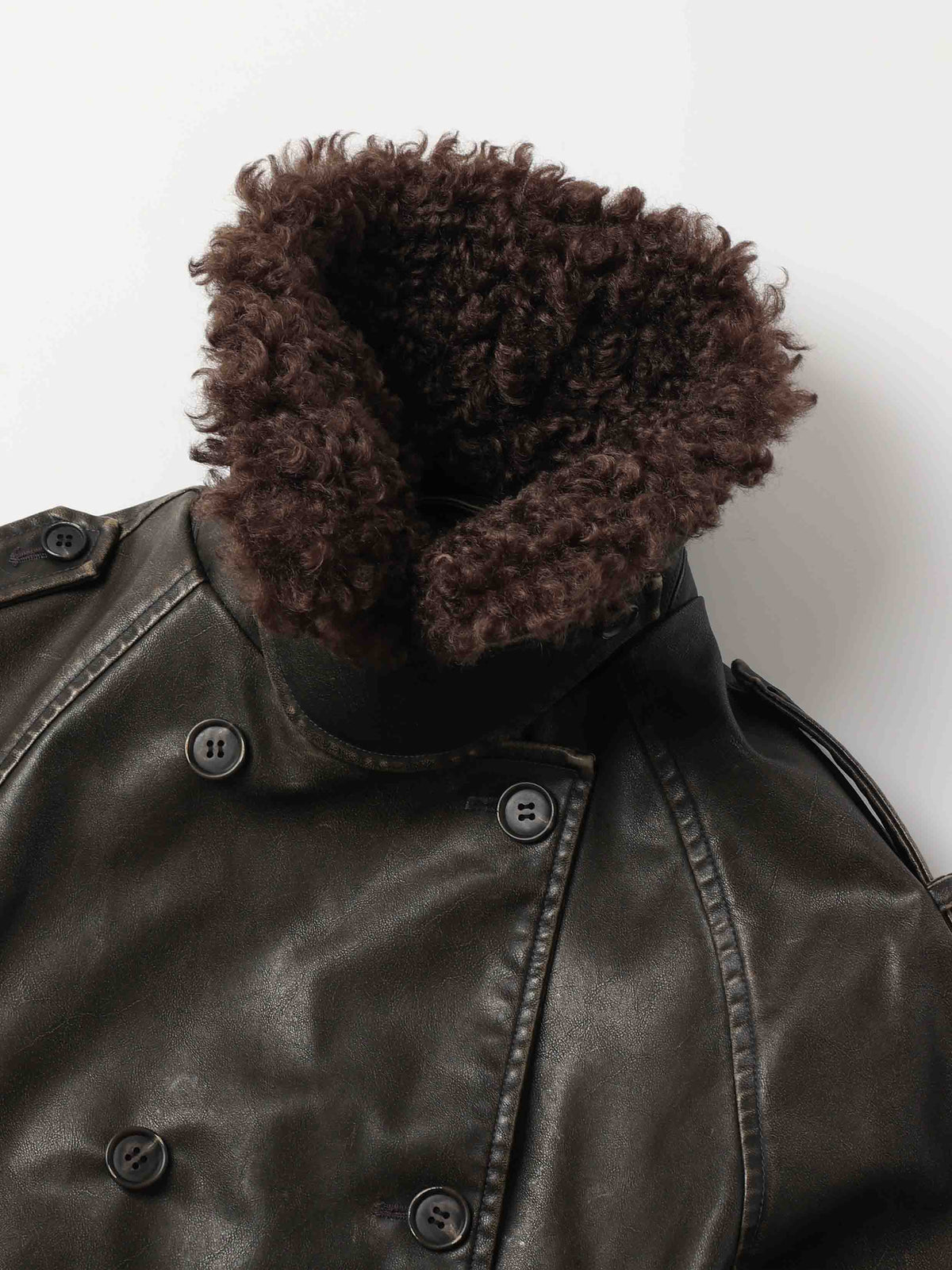 Detachable Fur-Collar Washed Moto Jacket Distressed Black