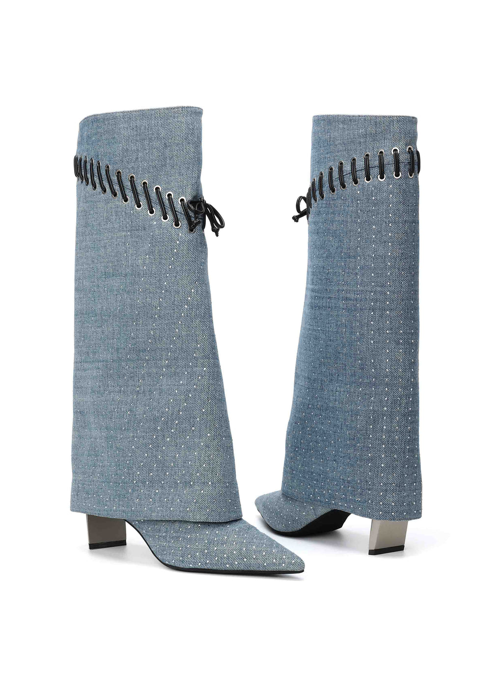AGLAIA Crystal Denim Knee-High Boots Light Blue