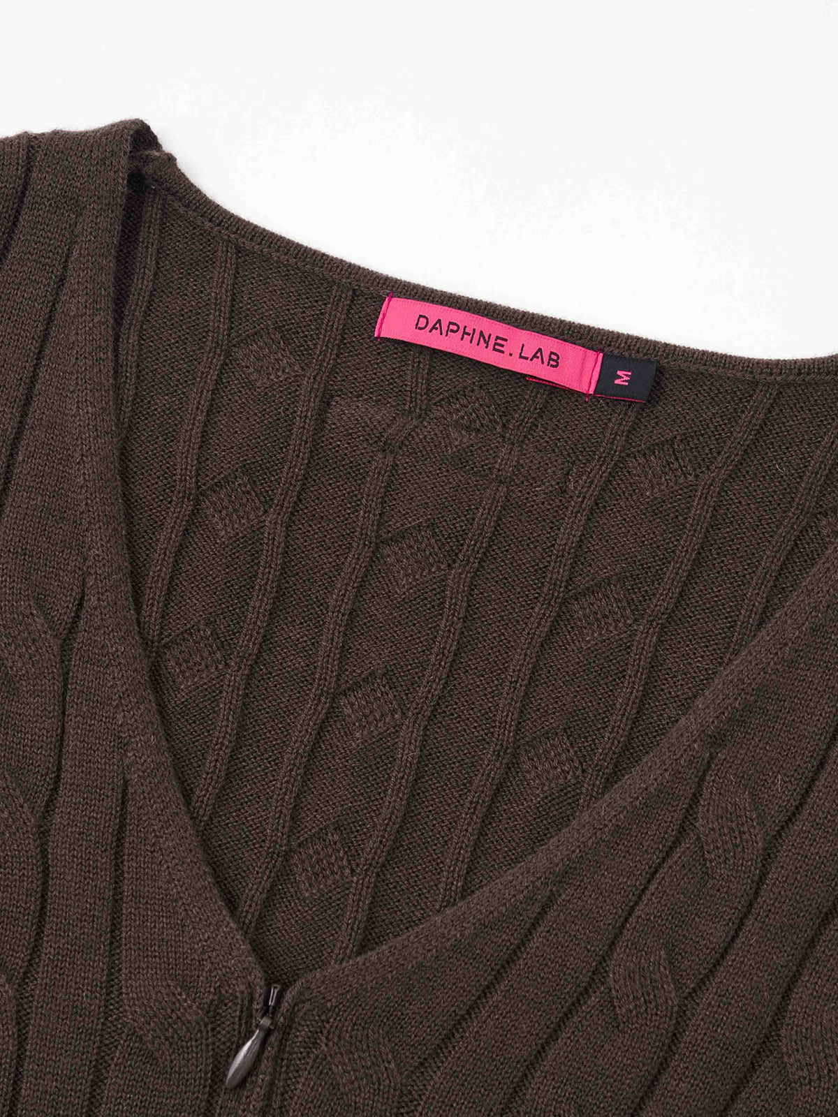 Cable Knit Zip-Up Bodysuit Espresso Brown