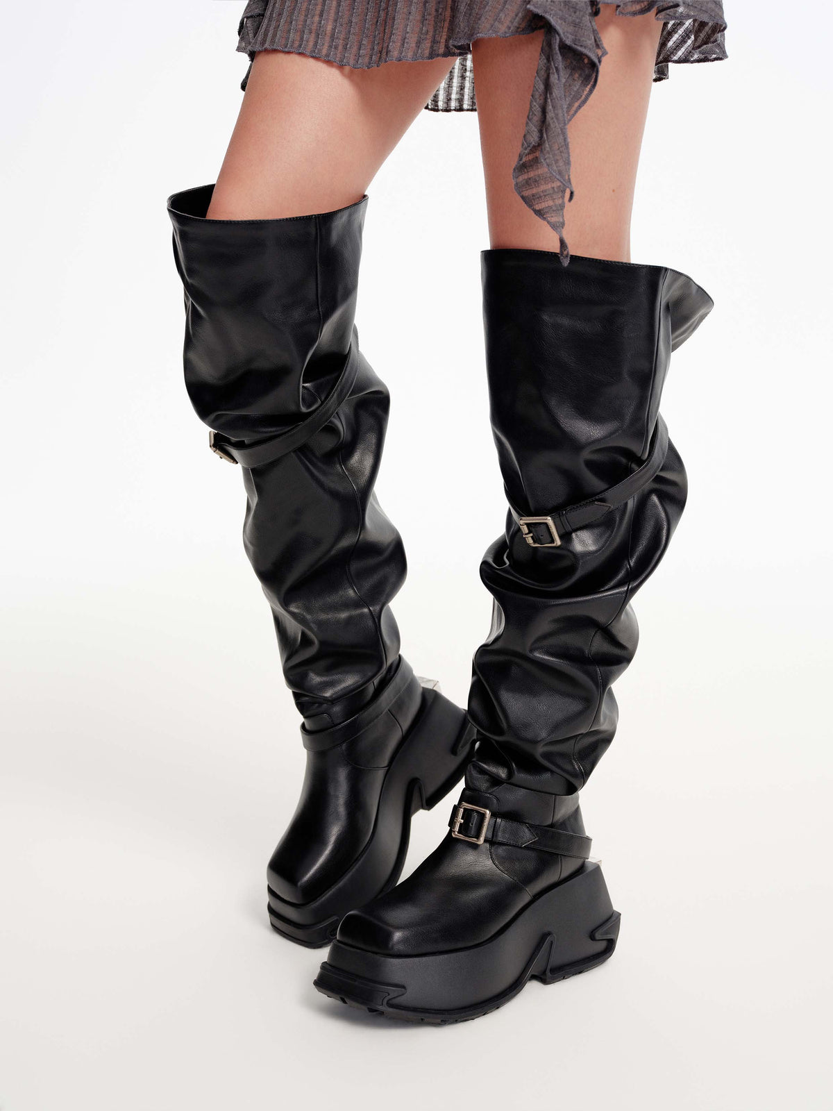 NEMESIS Buckle Platform OTK Boots Black