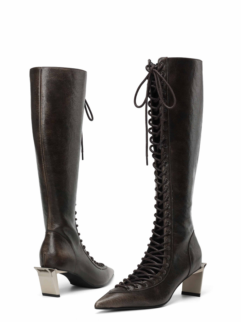 MELINOE Lace-Up Knee-High Boots Distressed Black