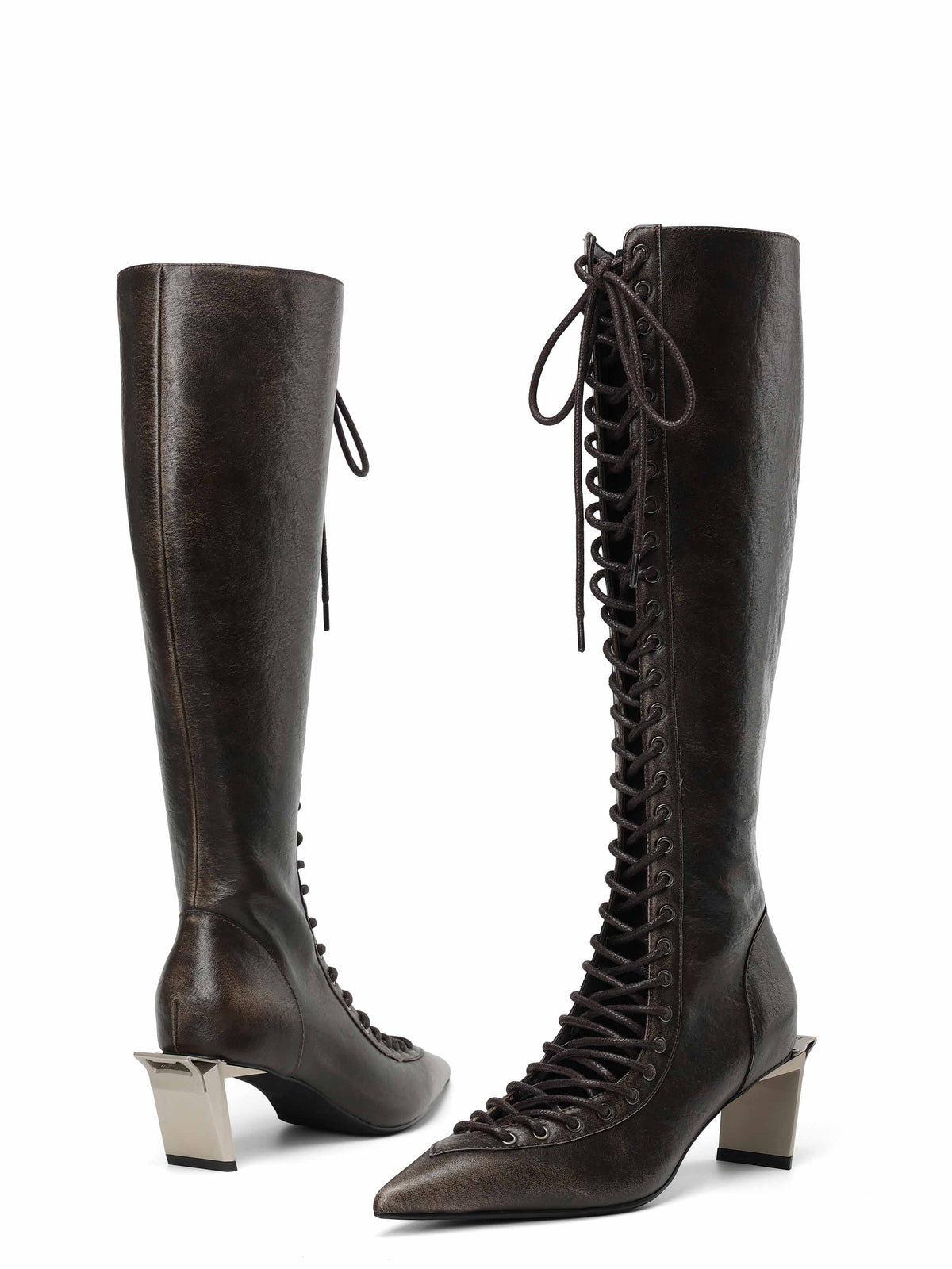 MELINOE Lace-Up Knee-High Boots Distressed Black