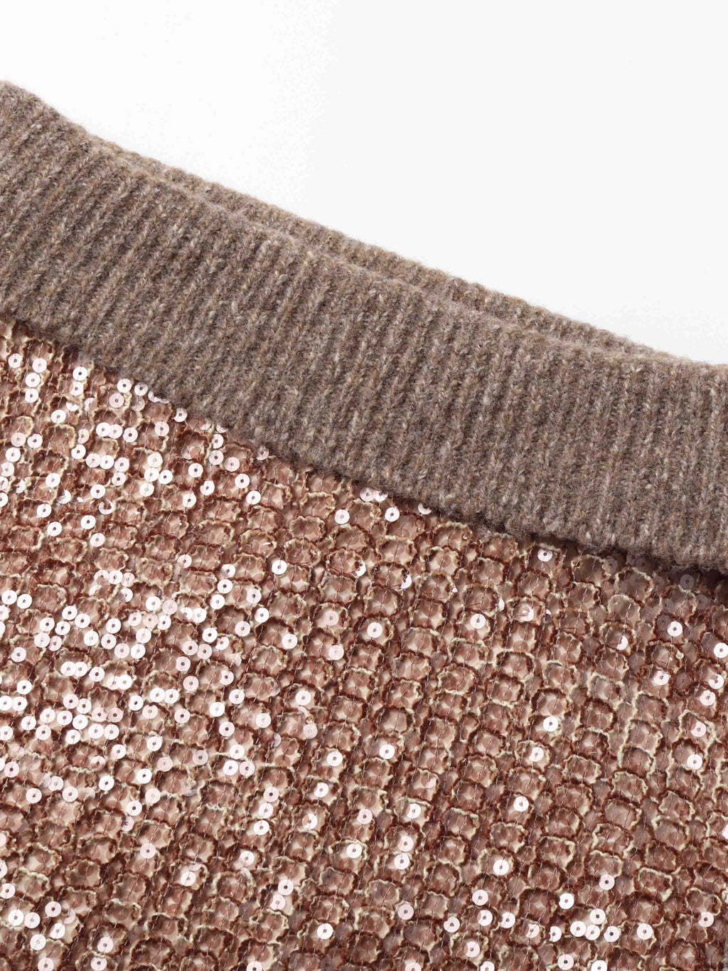 Off-Shoulder Sequin Knit Sweater Taupe Brown