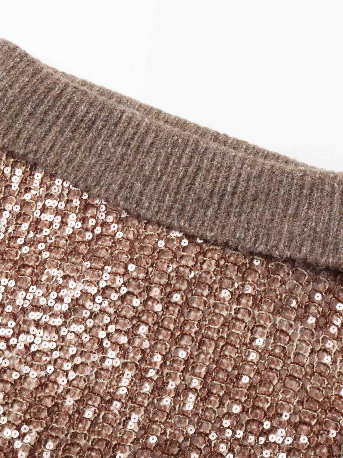 Off-Shoulder Sequin Knit Sweater Taupe Brown