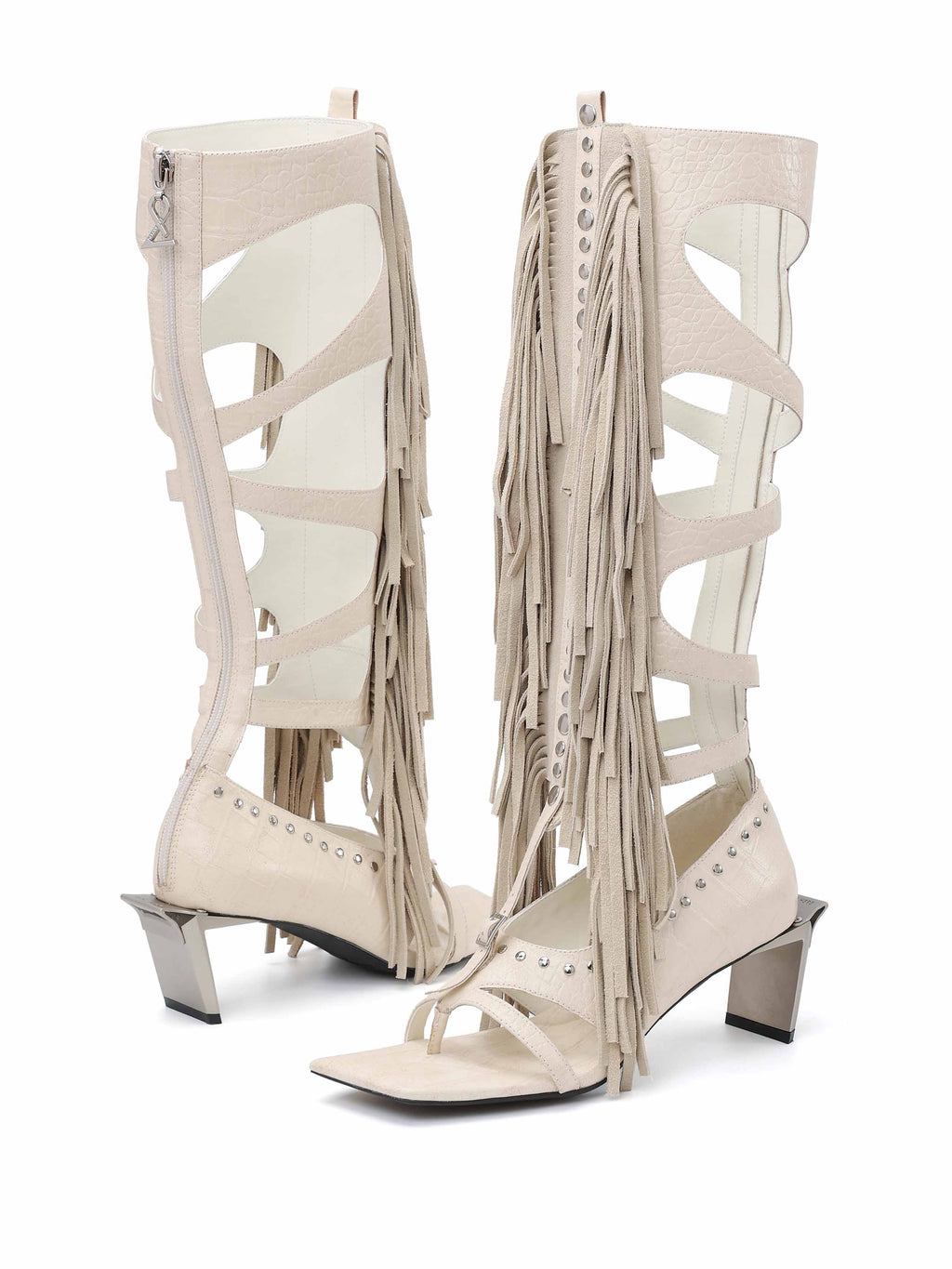 DRYOPE Fringe Thong Knee-High Boots Ivory White