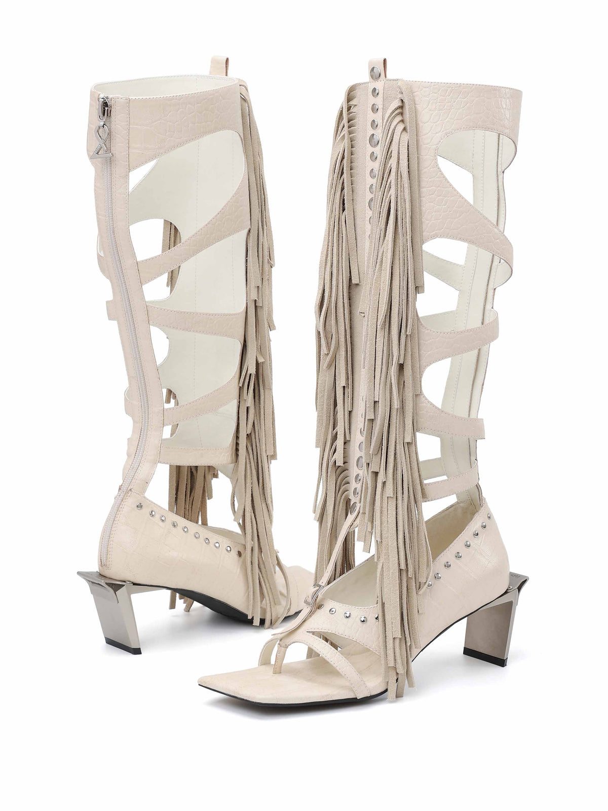 DRYOPE Fringe Thong Knee-High Boots Ivory White