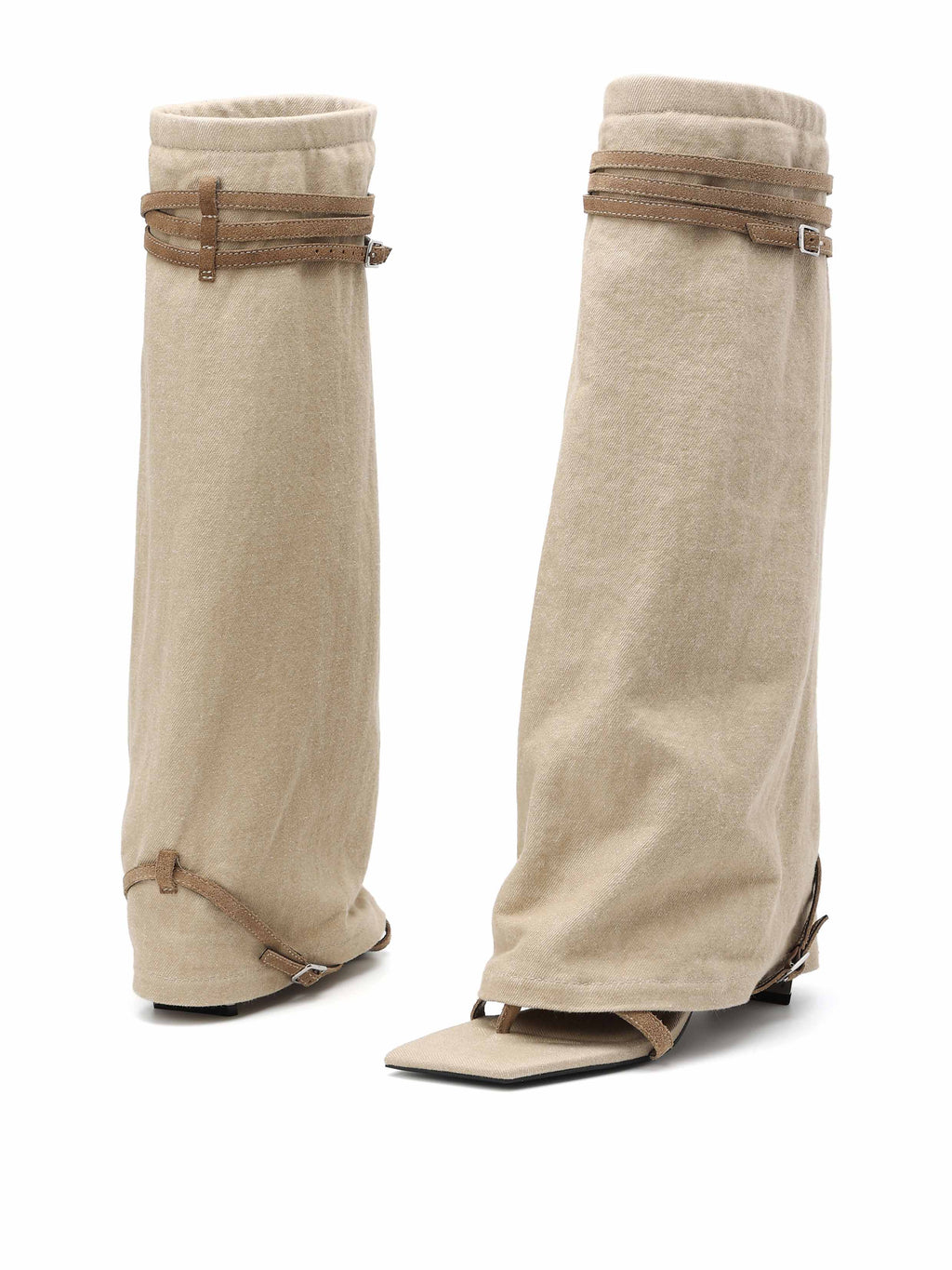 IDA Denim Toe-Ring Knee-High Boots Light Khaki