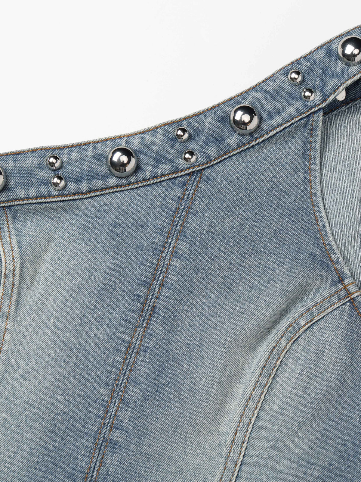 Studded One-Shoulder Denim Top Light Blue