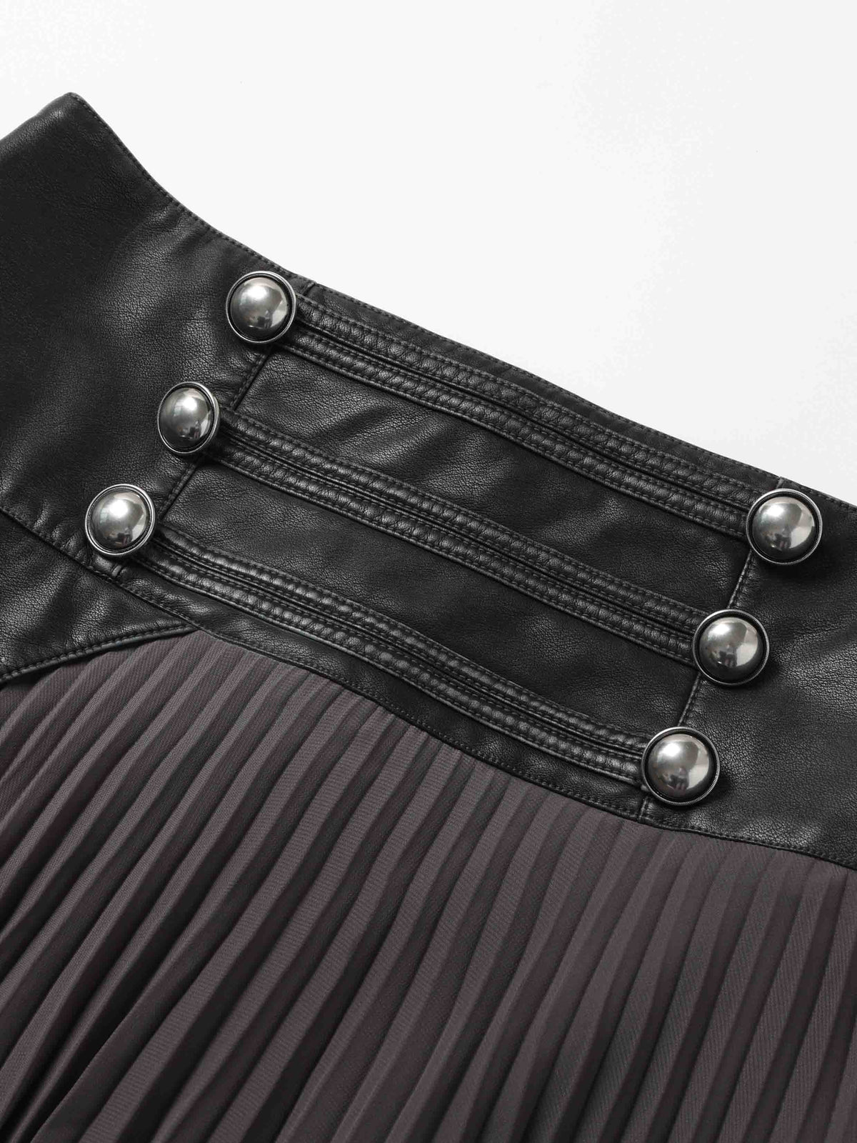 Pleated Leather-Waist Midi Skirt