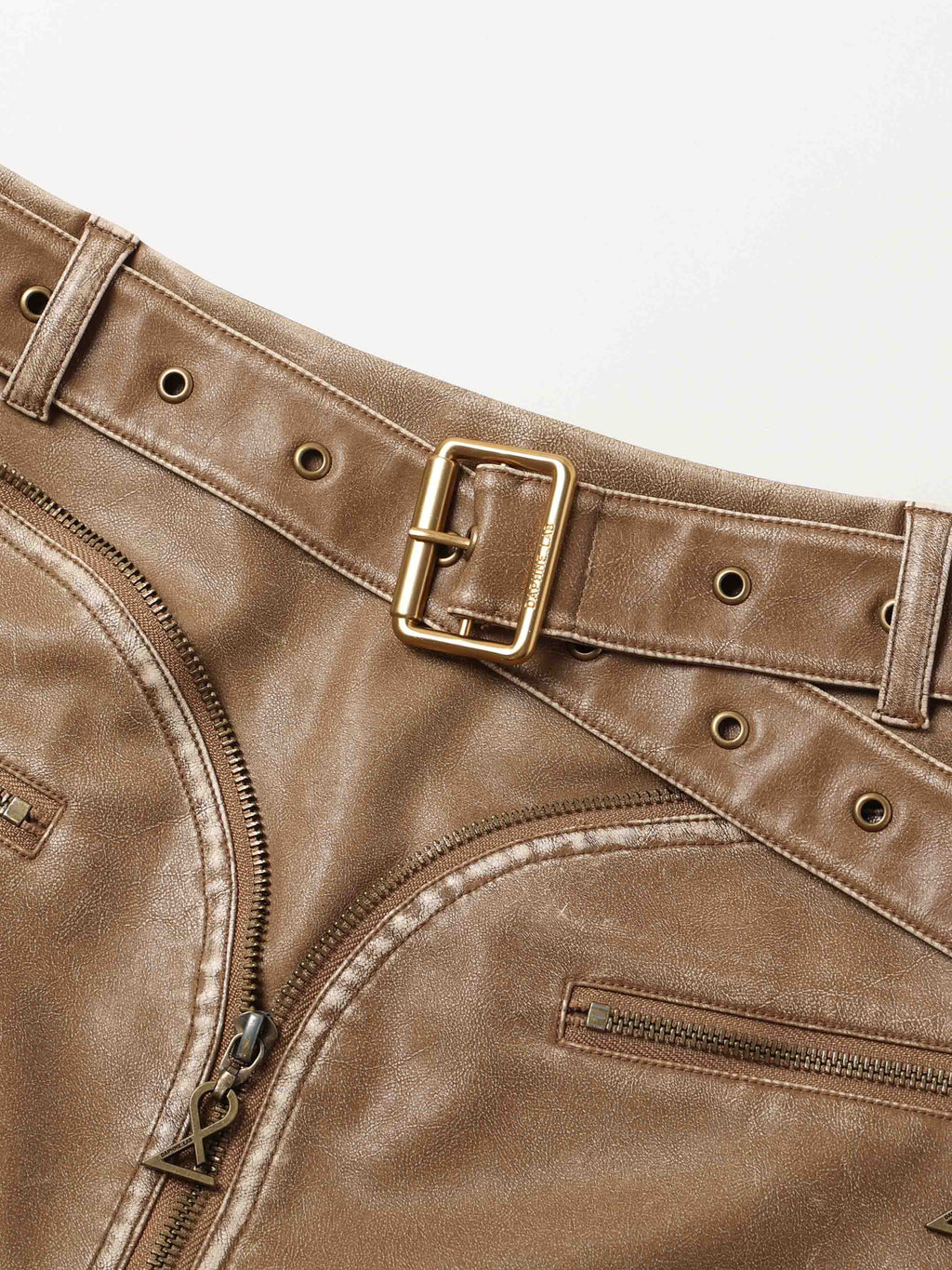 Distressed Biker Buckle Mini Skirt Khaki