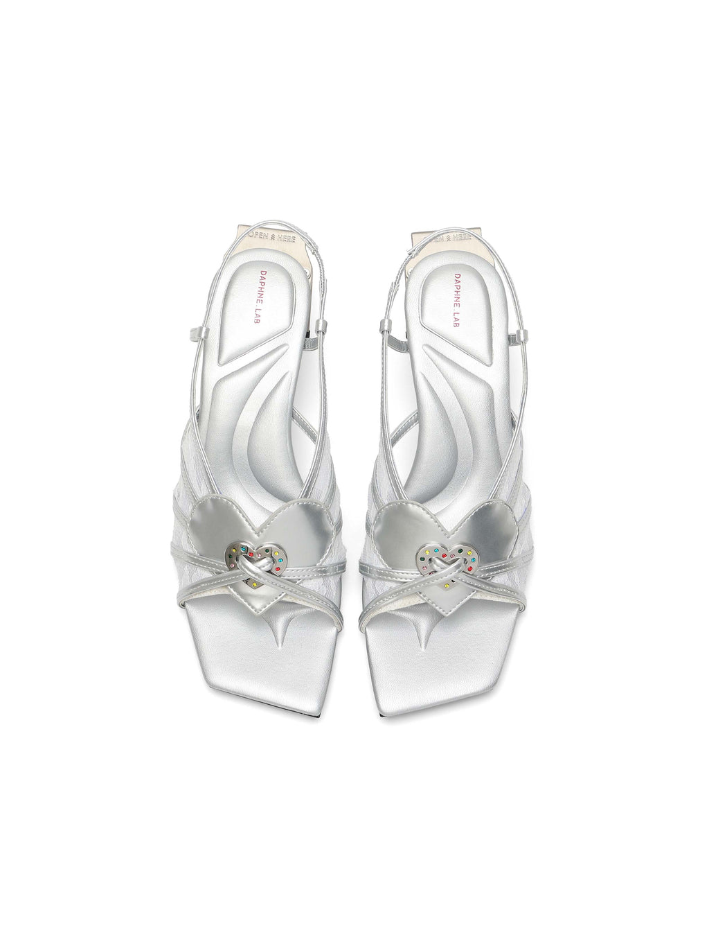 PHILOTES Lace Heart Opener Heel Sandals Silver
