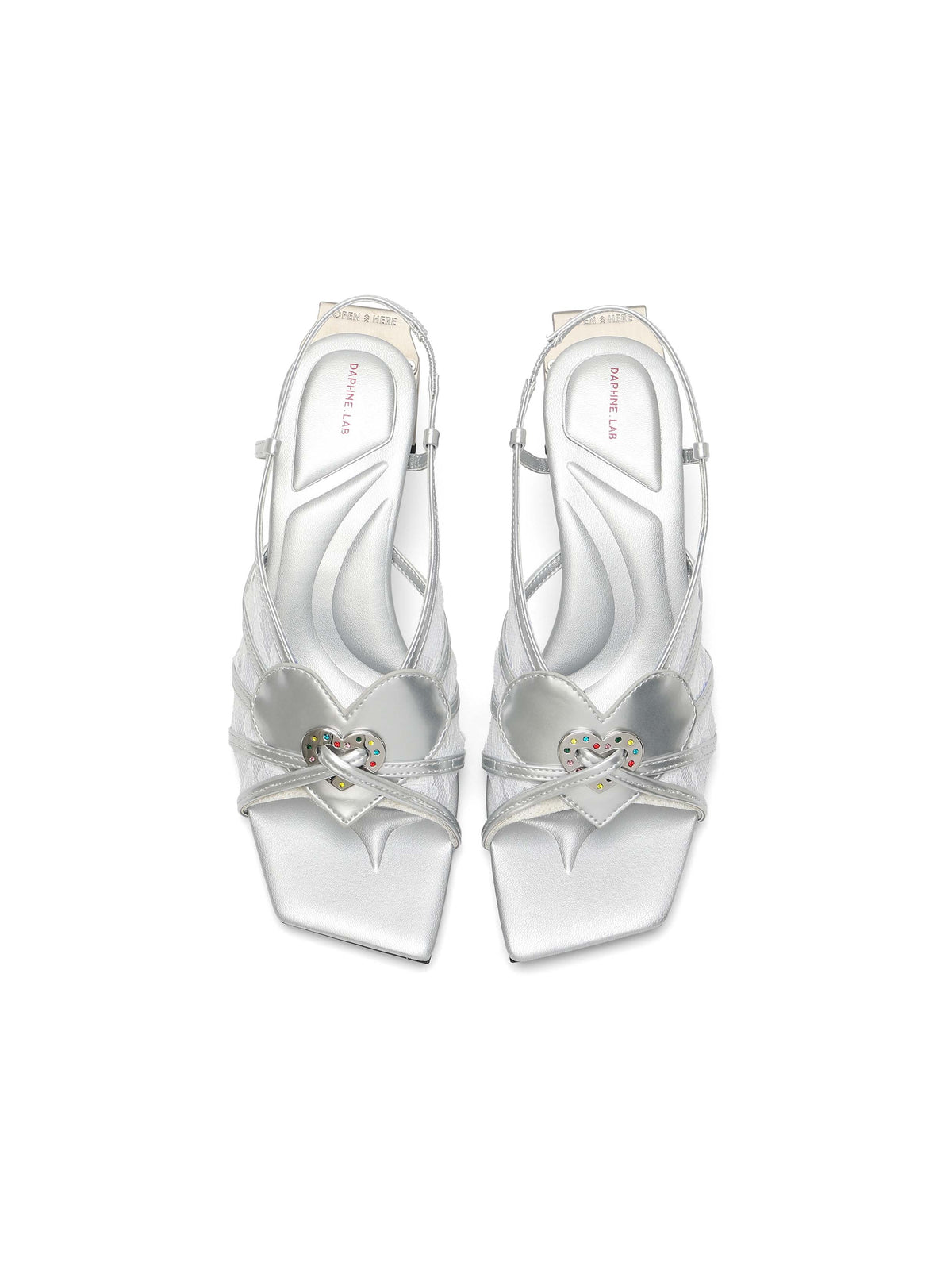 PHILOTES Lace Heart Opener Heel Sandals Silver