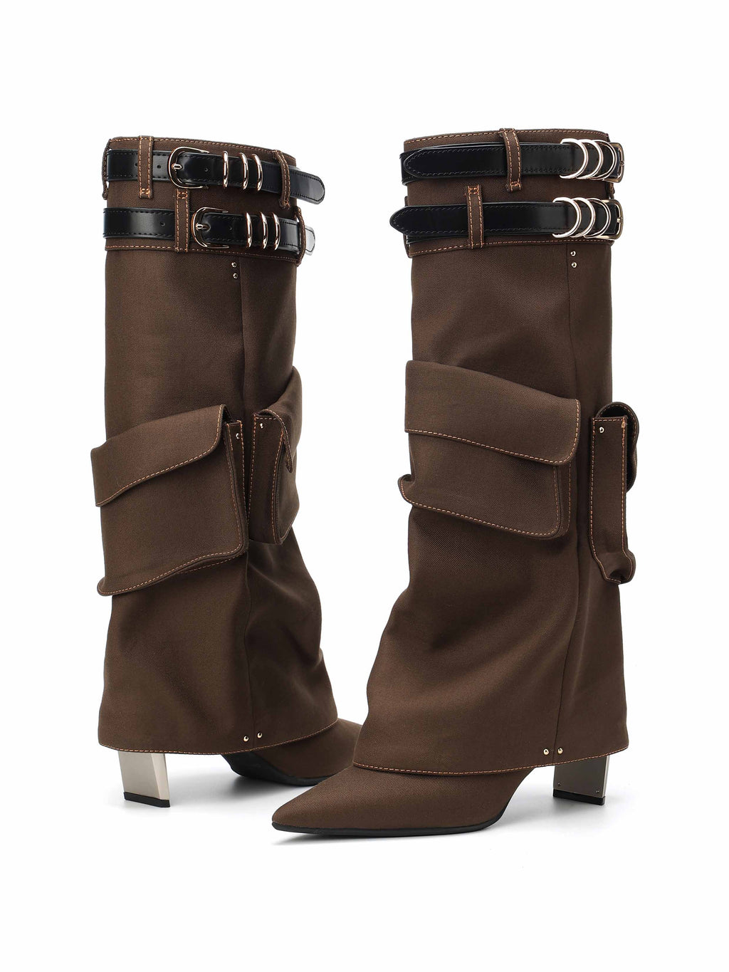 ADRASTEIA Denim Cargo Knee-High Boots Brown