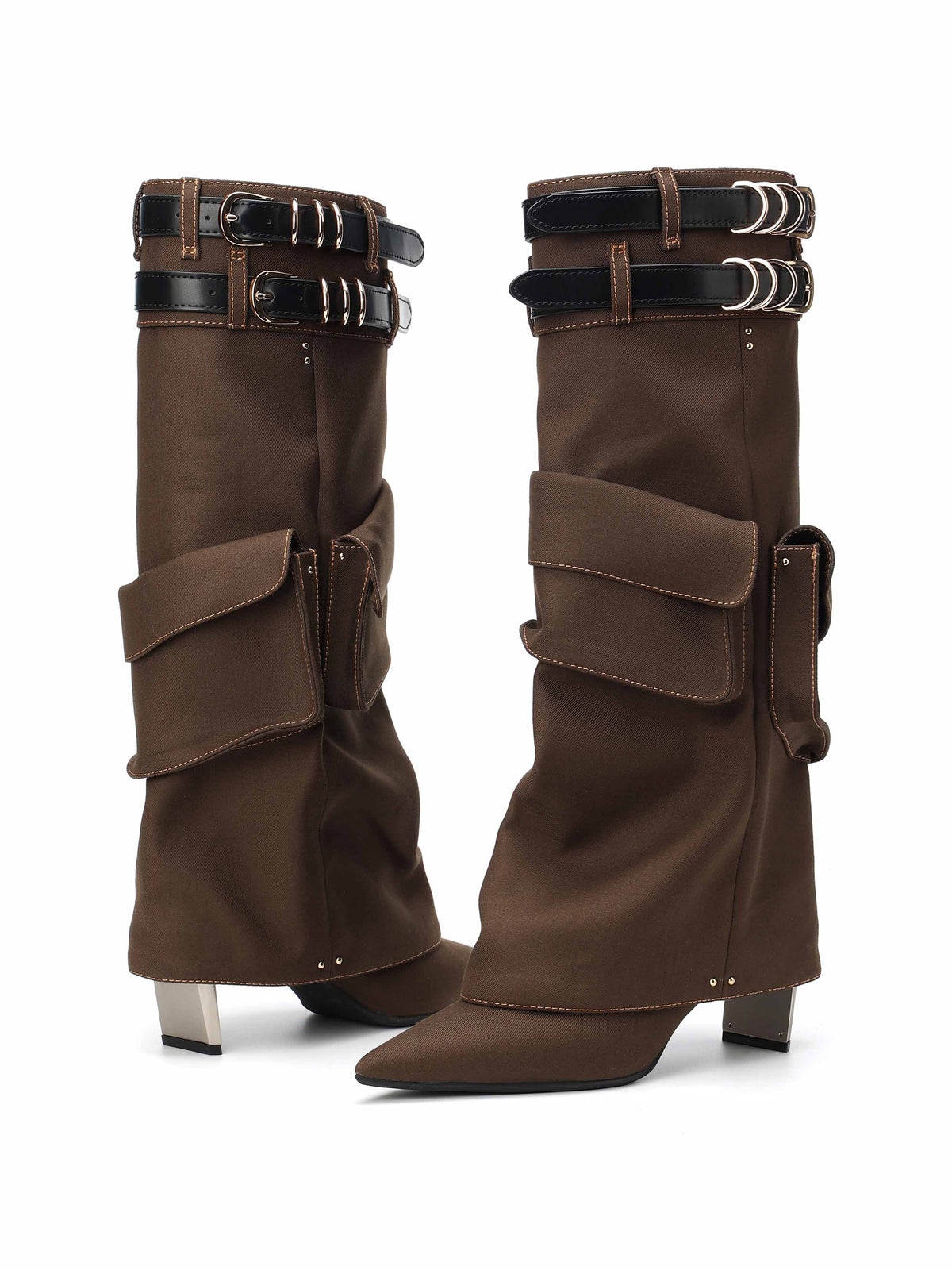ADRASTEIA Denim Cargo Knee-High Boots Brown