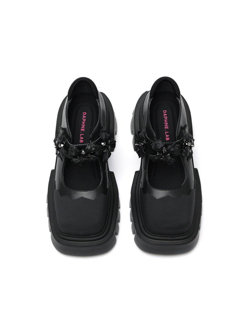PASITHEA Mary Janes mit Blumenbesatz, klobig, Schwarz