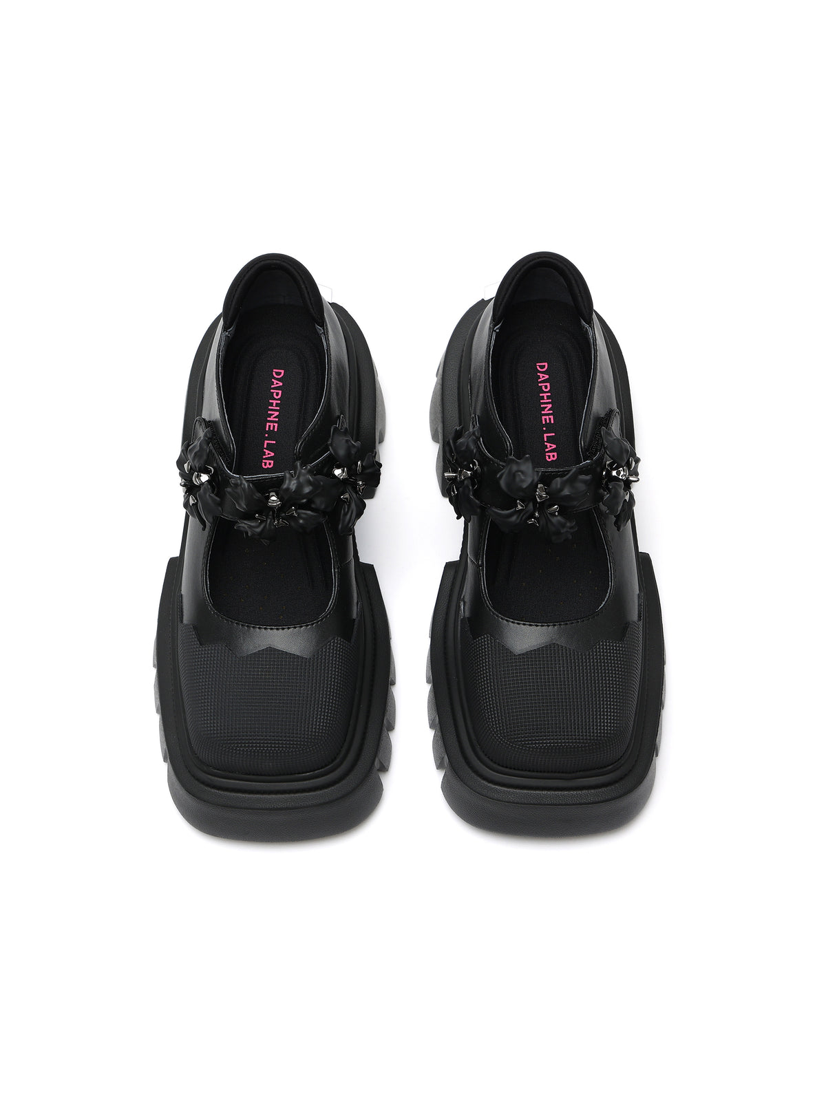 PASITHEA Mary Janes mit Blumenbesatz, klobig, Schwarz