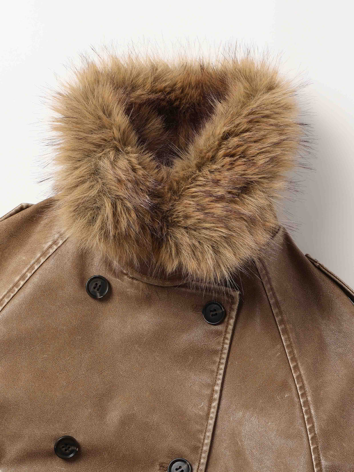 Detachable Fur-Collar Washed Moto Jacket Khaki Brown