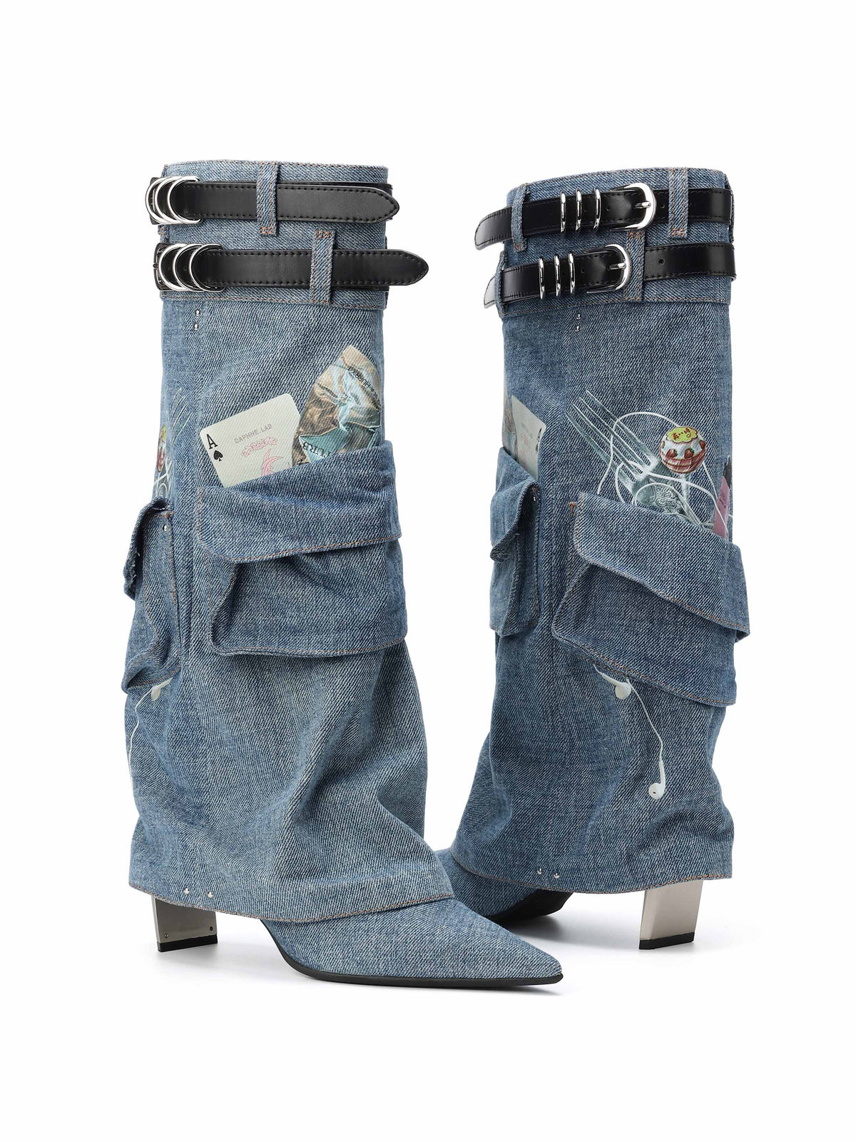ADRASTEIA Graphic Denim Cargo Knee-High Boots Blue