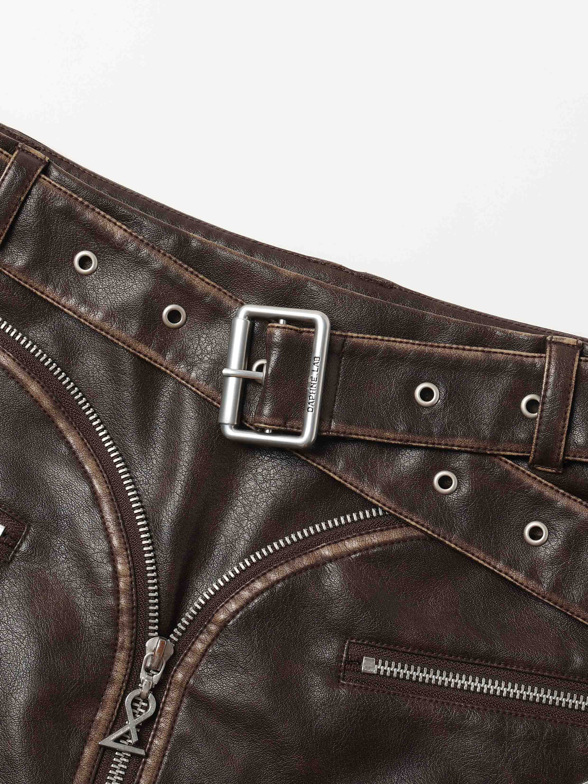 Distressed Biker Buckle Mini Skirt Brown