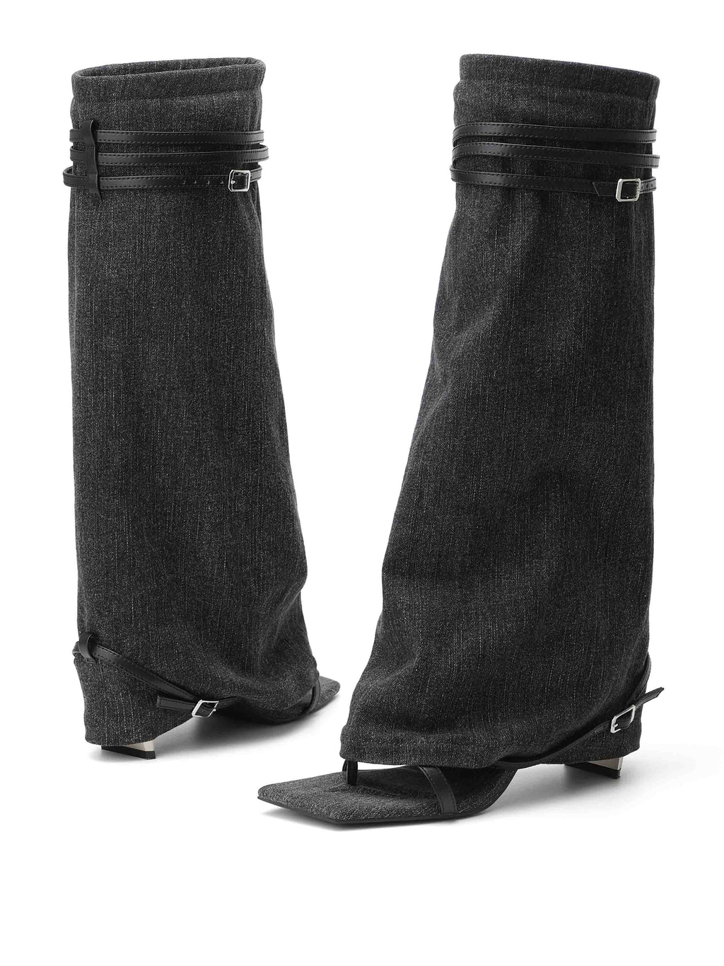 IDA Denim Toe-Ring Knee-High Boots Black