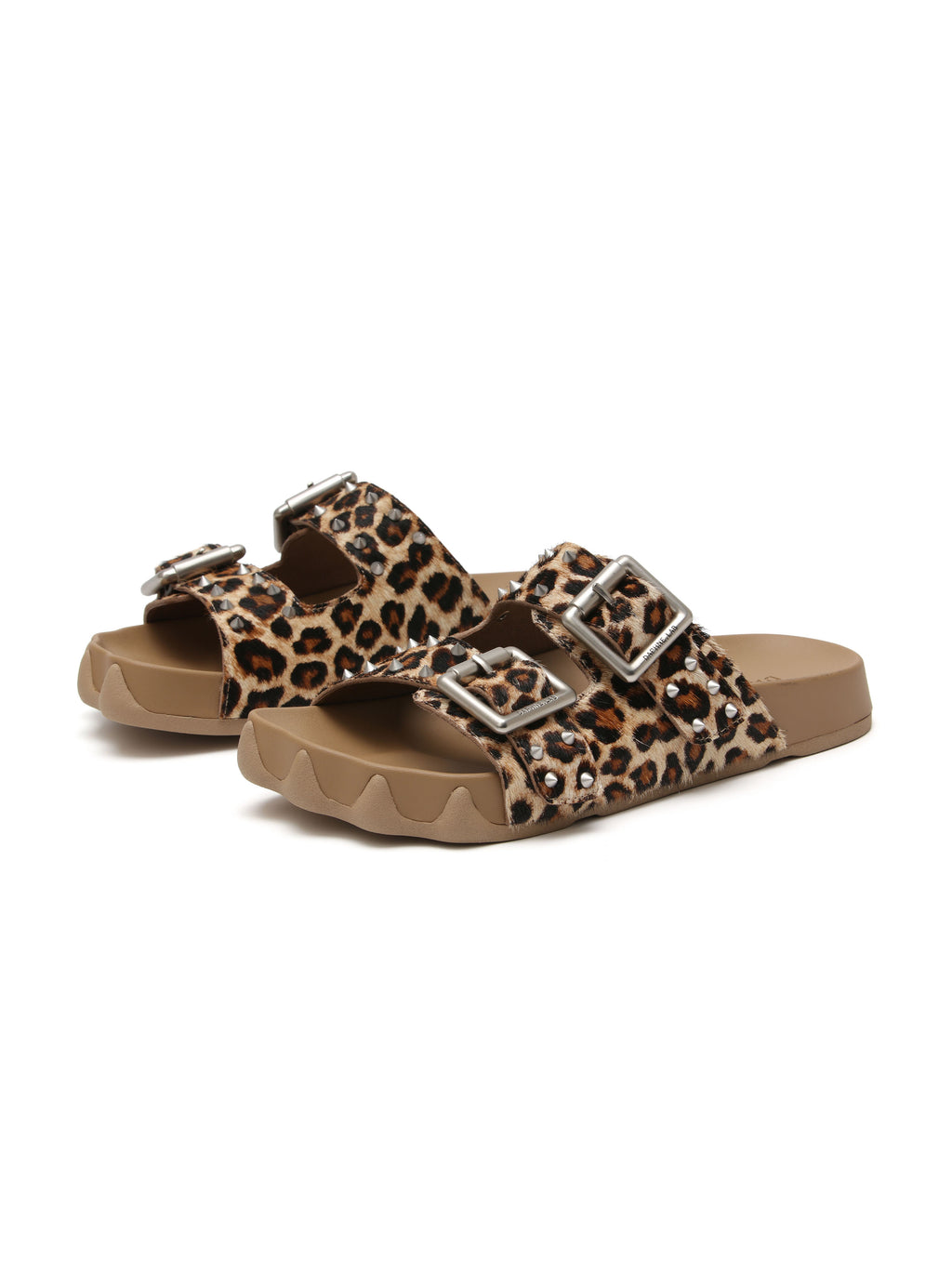 HARPINA Studded Paw Sole Slides Leopard Pony Hair