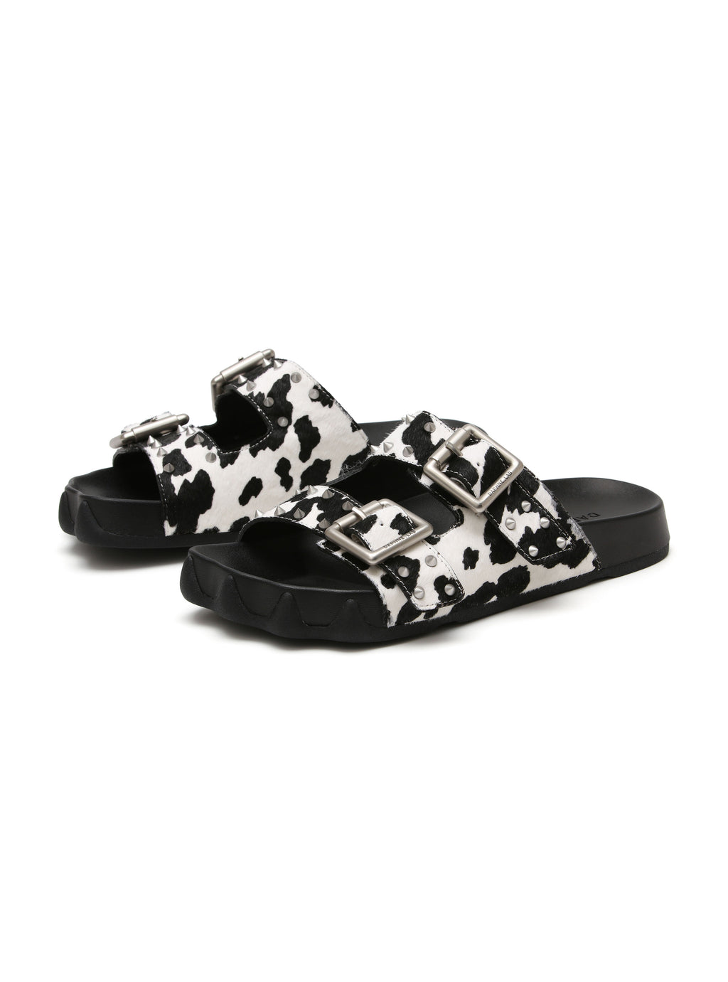HARPINA Studded Paw Sole Slides Cow Print Pony Hair