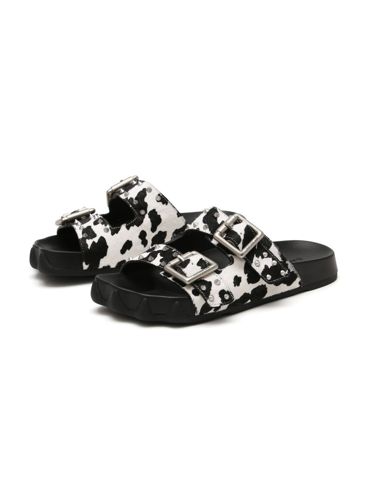 HARPINA Studded Paw Sole Slides Cow Print Pony Hair