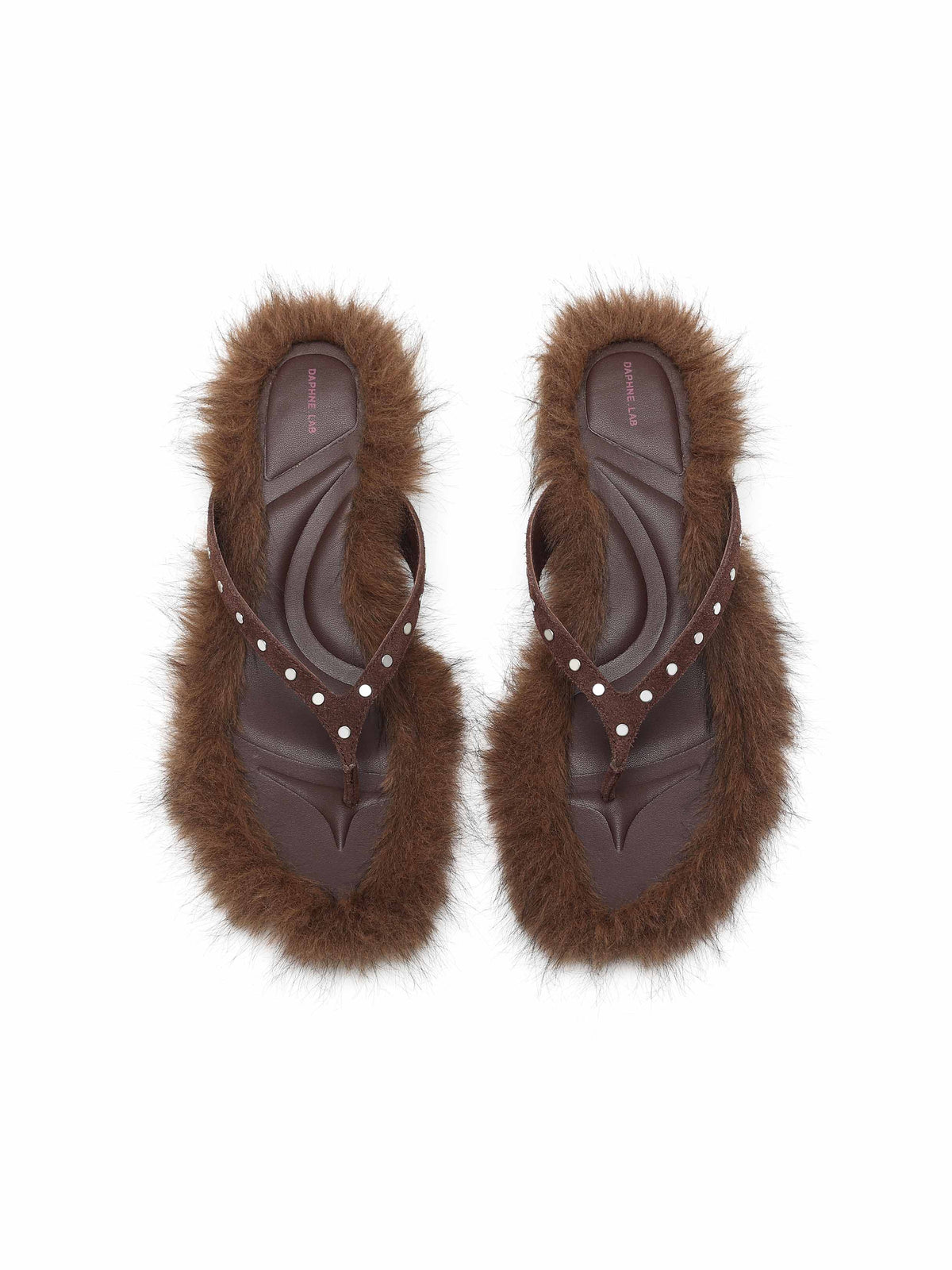 VESTA Fur Studded Opener Heel Thong Sandals Brown