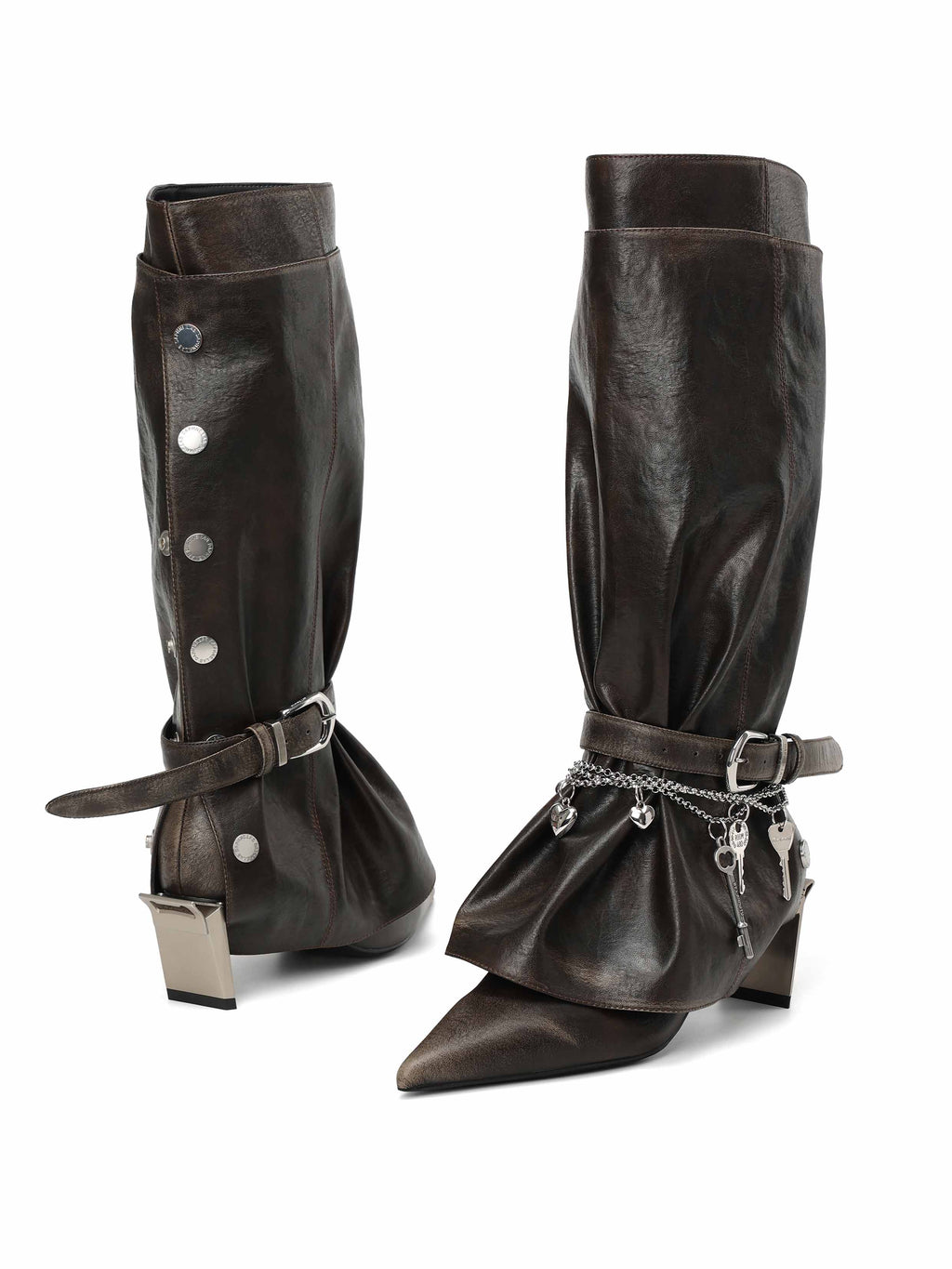 KER Detachable Gaiter Knee-High Boots Distressed Black
