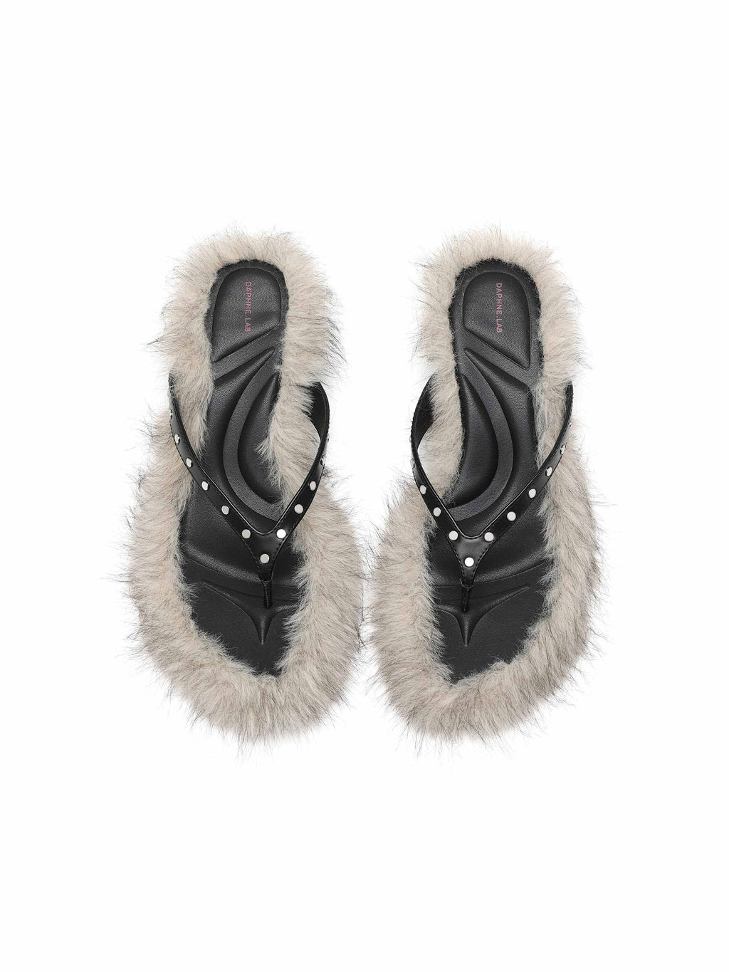 VESTA Fur Studded Opener Heel Thong Sandals Black