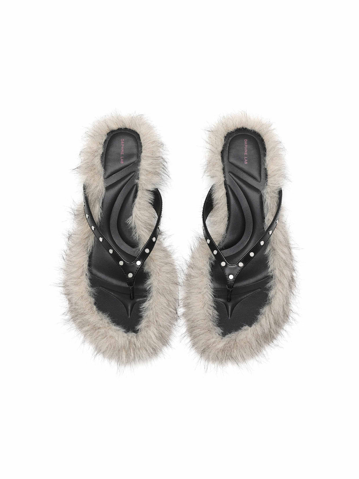 VESTA Fur Studded Opener Heel Thong Sandals Black