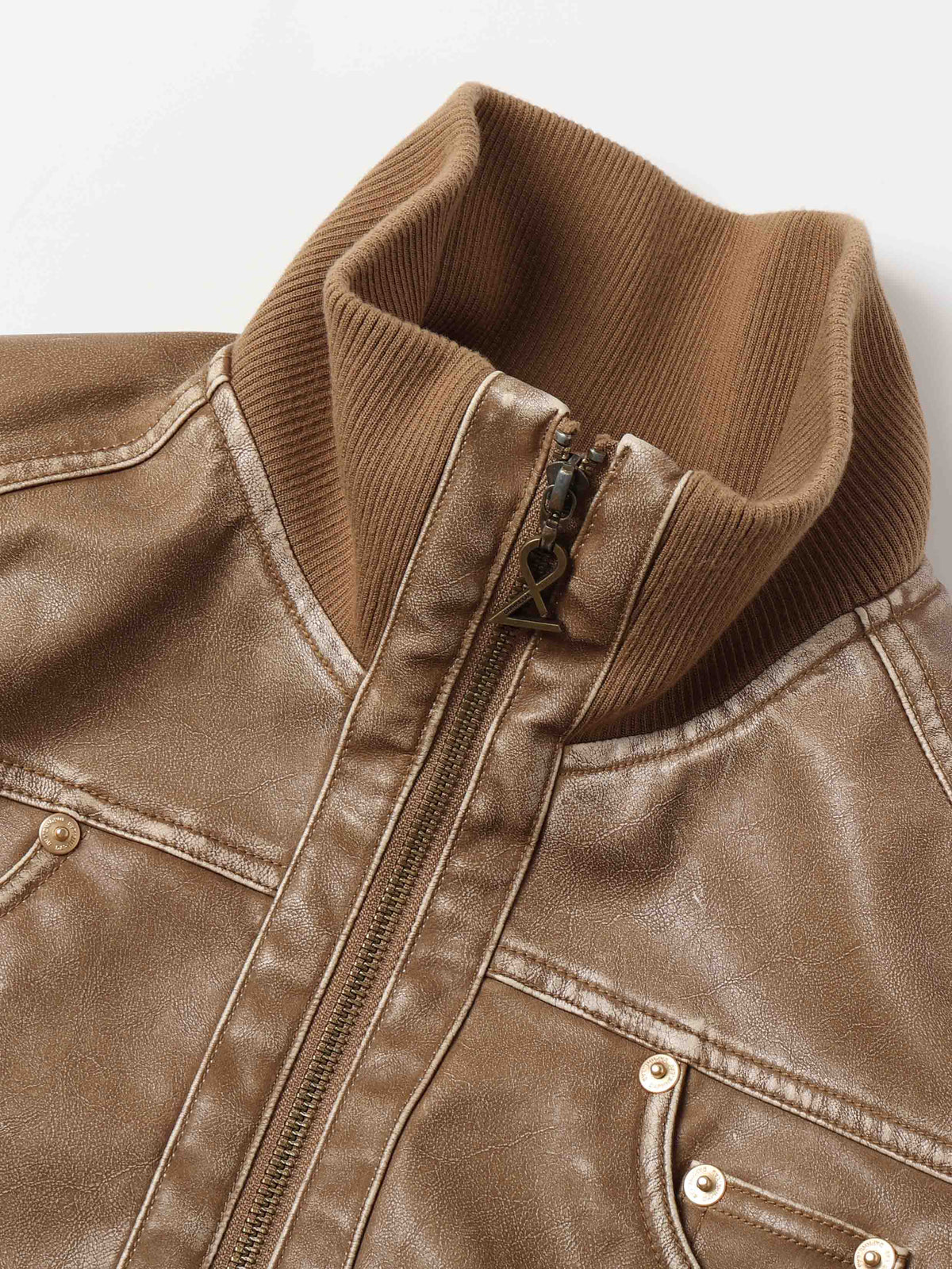Vintage Washed Cropped Biker Jacket Light Brown