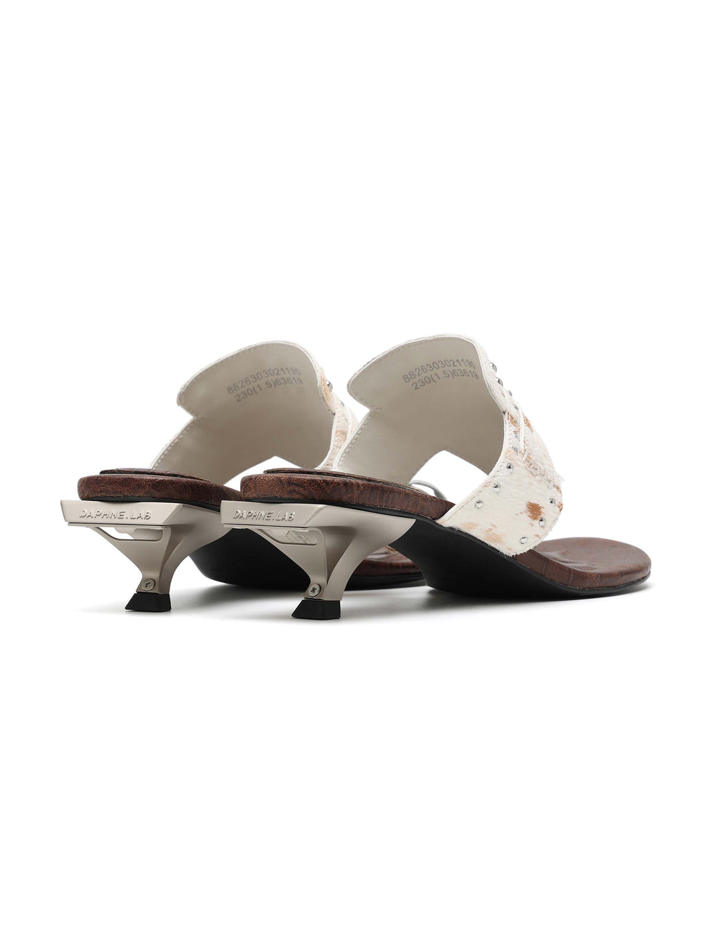 CARPO Horse Hair Studded Thong Opener Heel Sandals Brown Cow Print