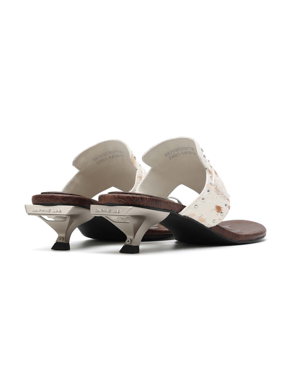 CARPO Horse Hair Studded Thong Opener Heel Sandals Brown Cow Print