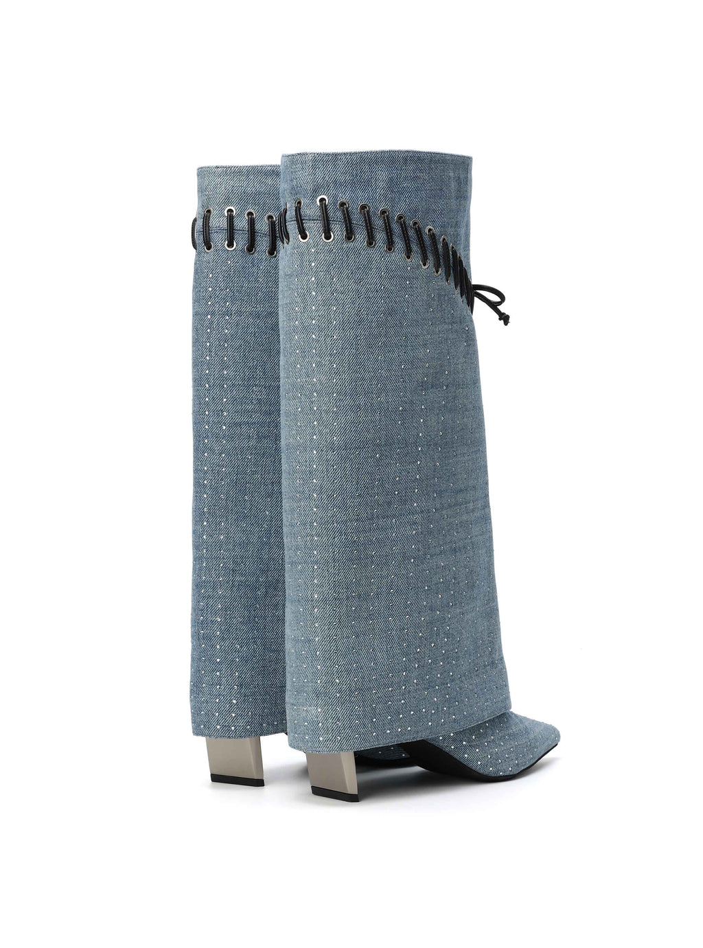 AGLAIA Crystal Denim Knee-High Boots Light Blue