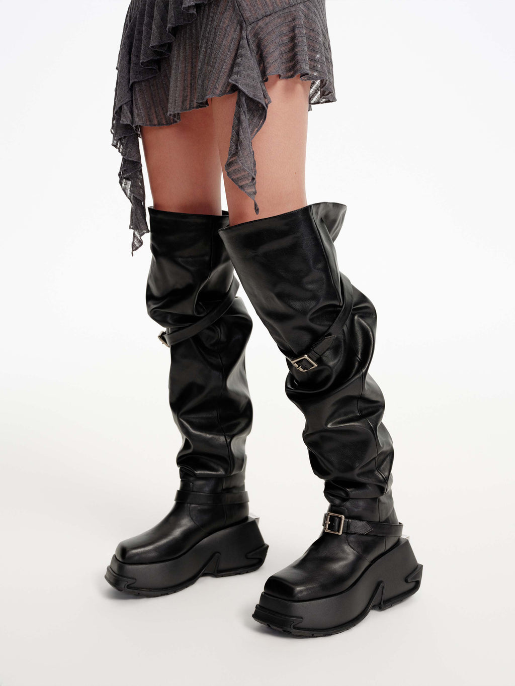 NEMESIS Buckle Platform OTK Boots Black
